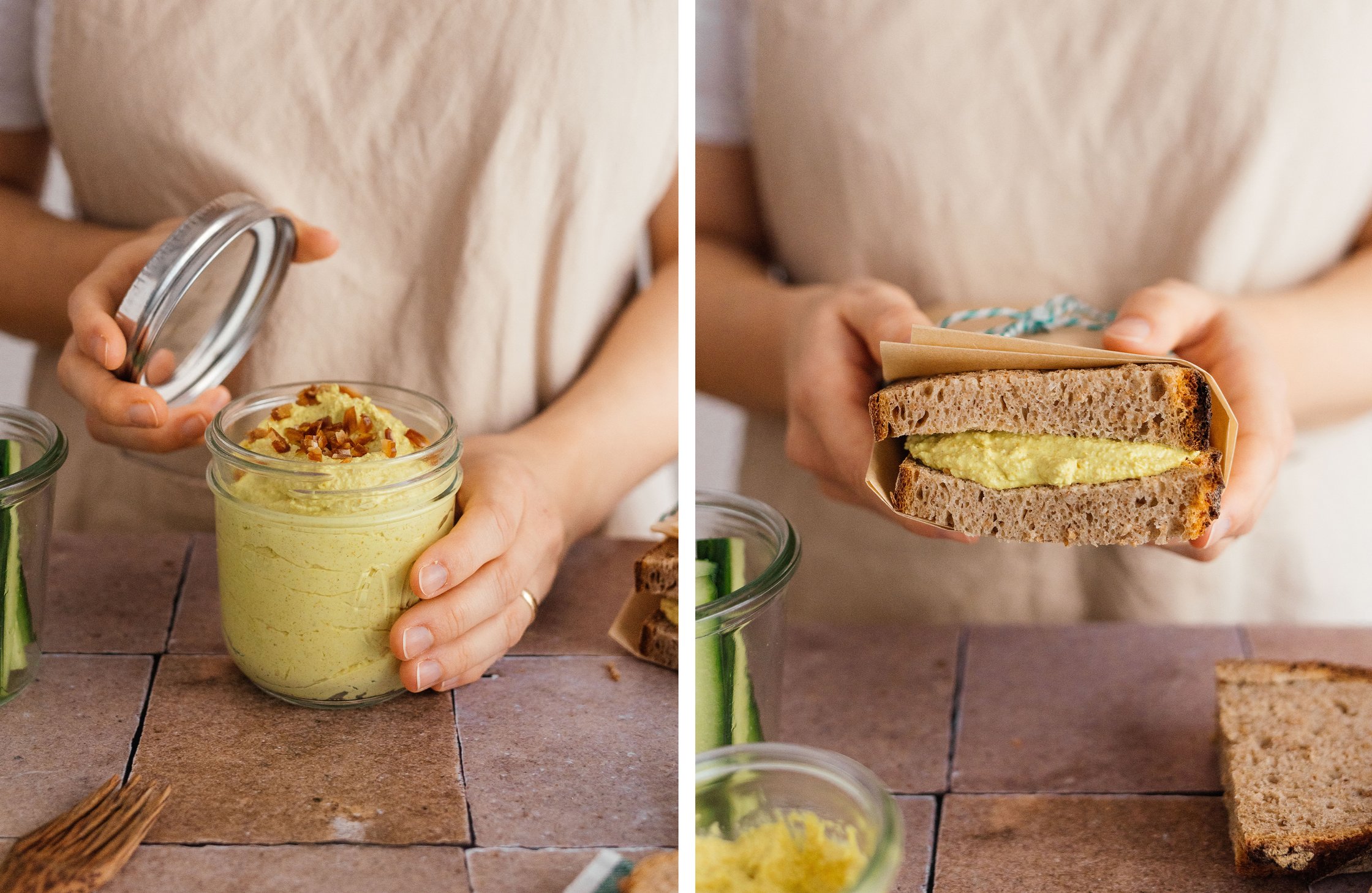 veganer Curry-Dattel-Aufstrich vorbereitet zum Mitnehmen in einem Glas und auf Brot