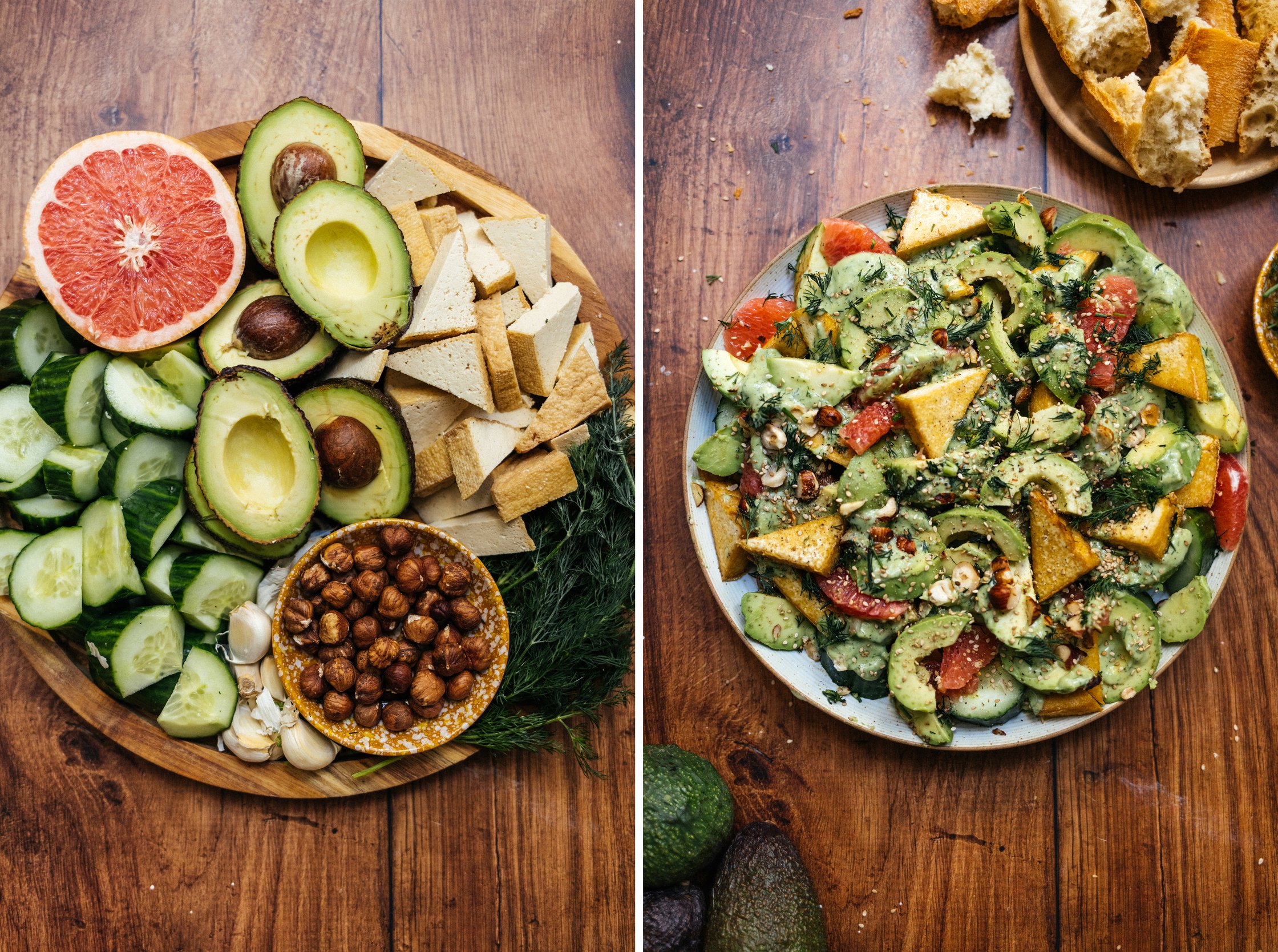 ingredients for Avocado Cucumber Salad with Grapefruit and Tofu
