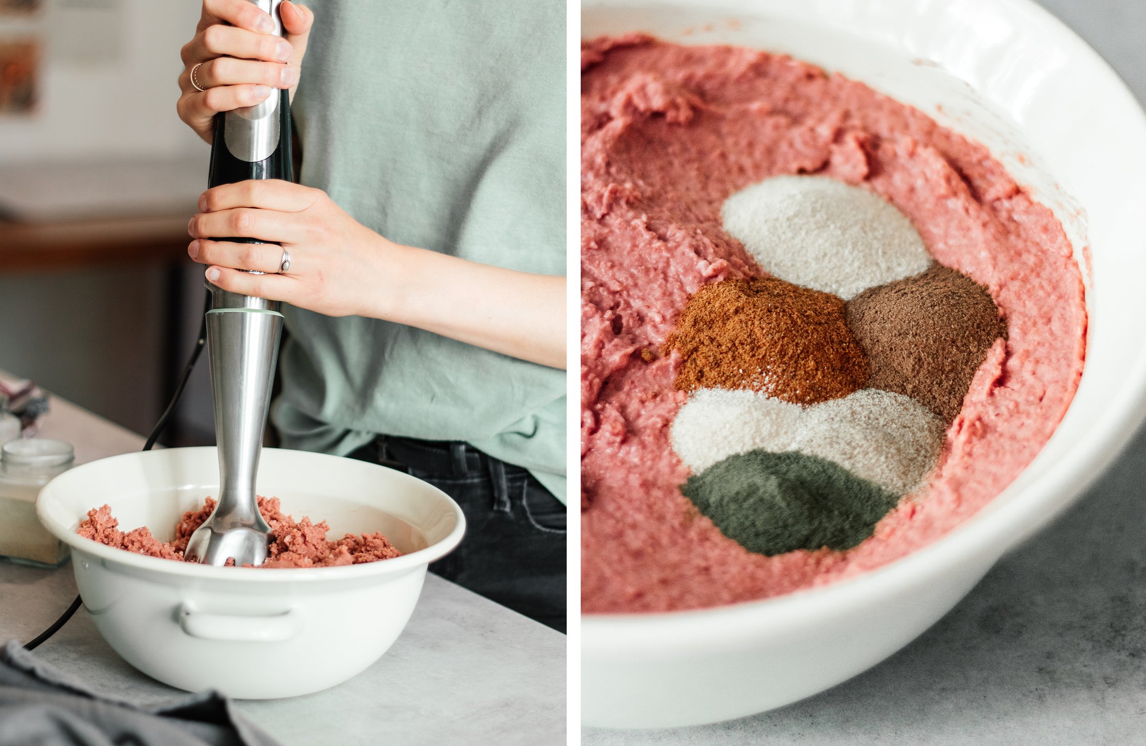veganes Hackfleisch pürieren und würzen
