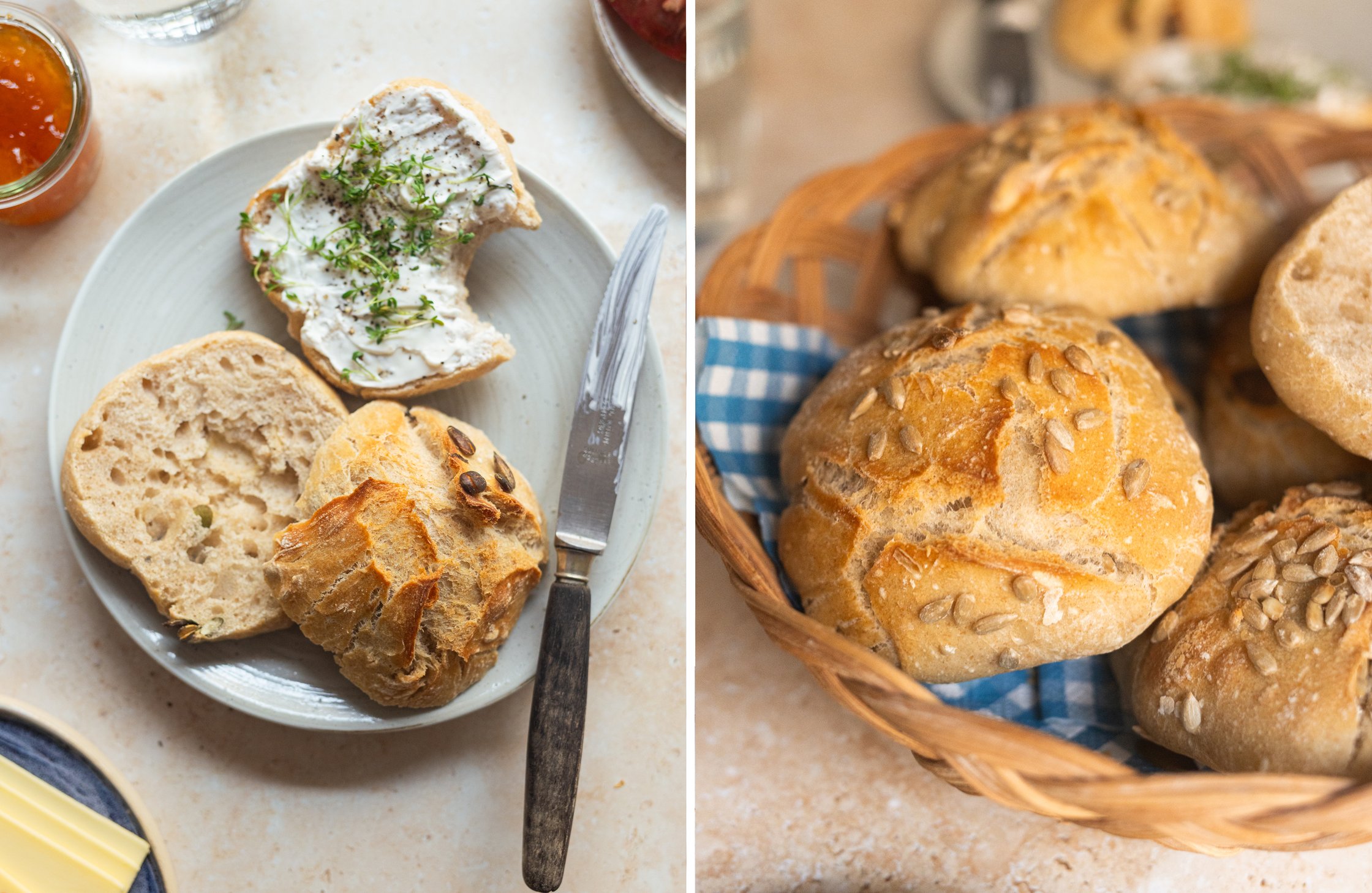 Two-part image of a sliced roll with vegan cream cheese and a bread basket with baked rolls.