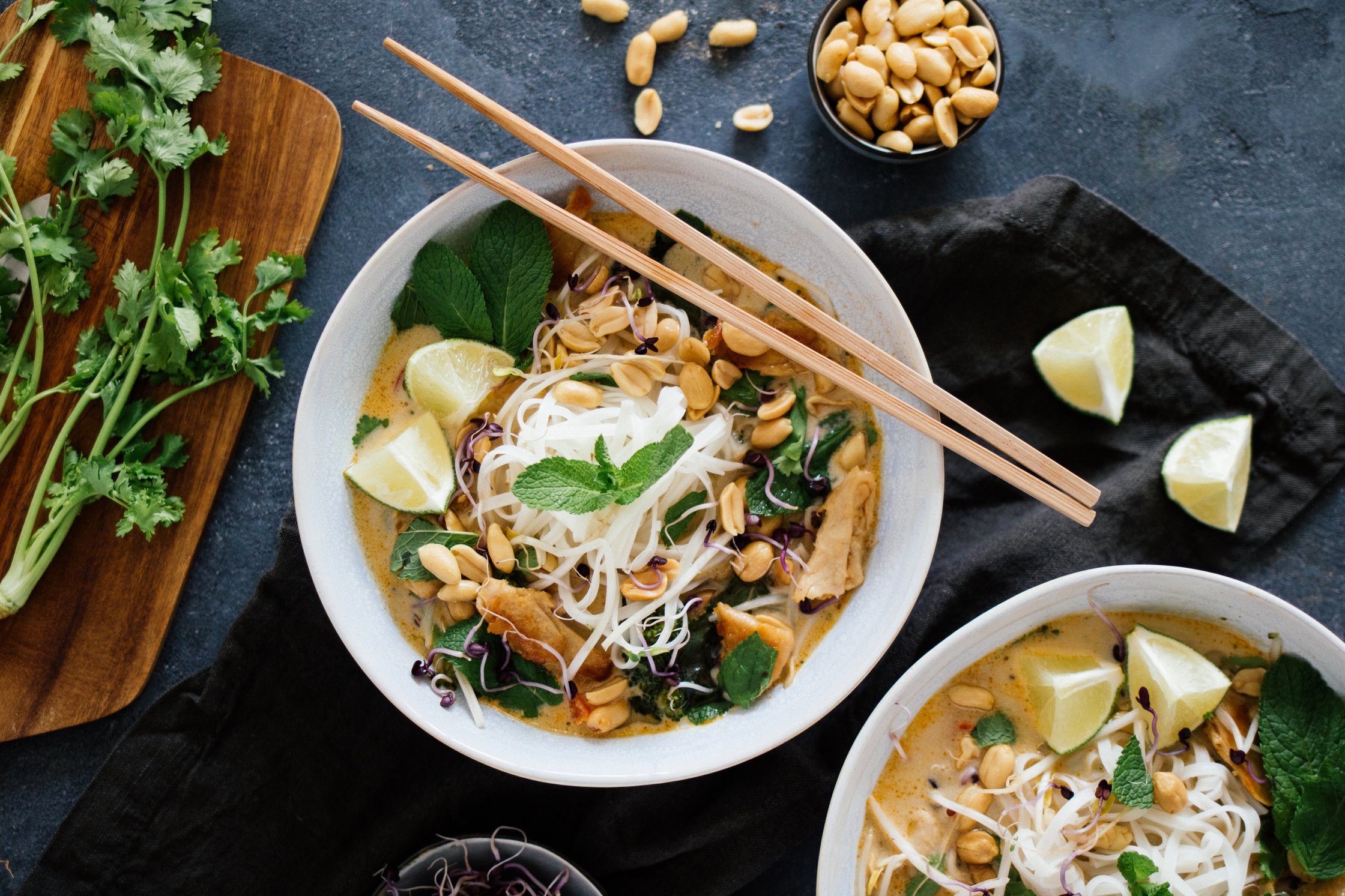 vegan coconut thai soup with chopsticks