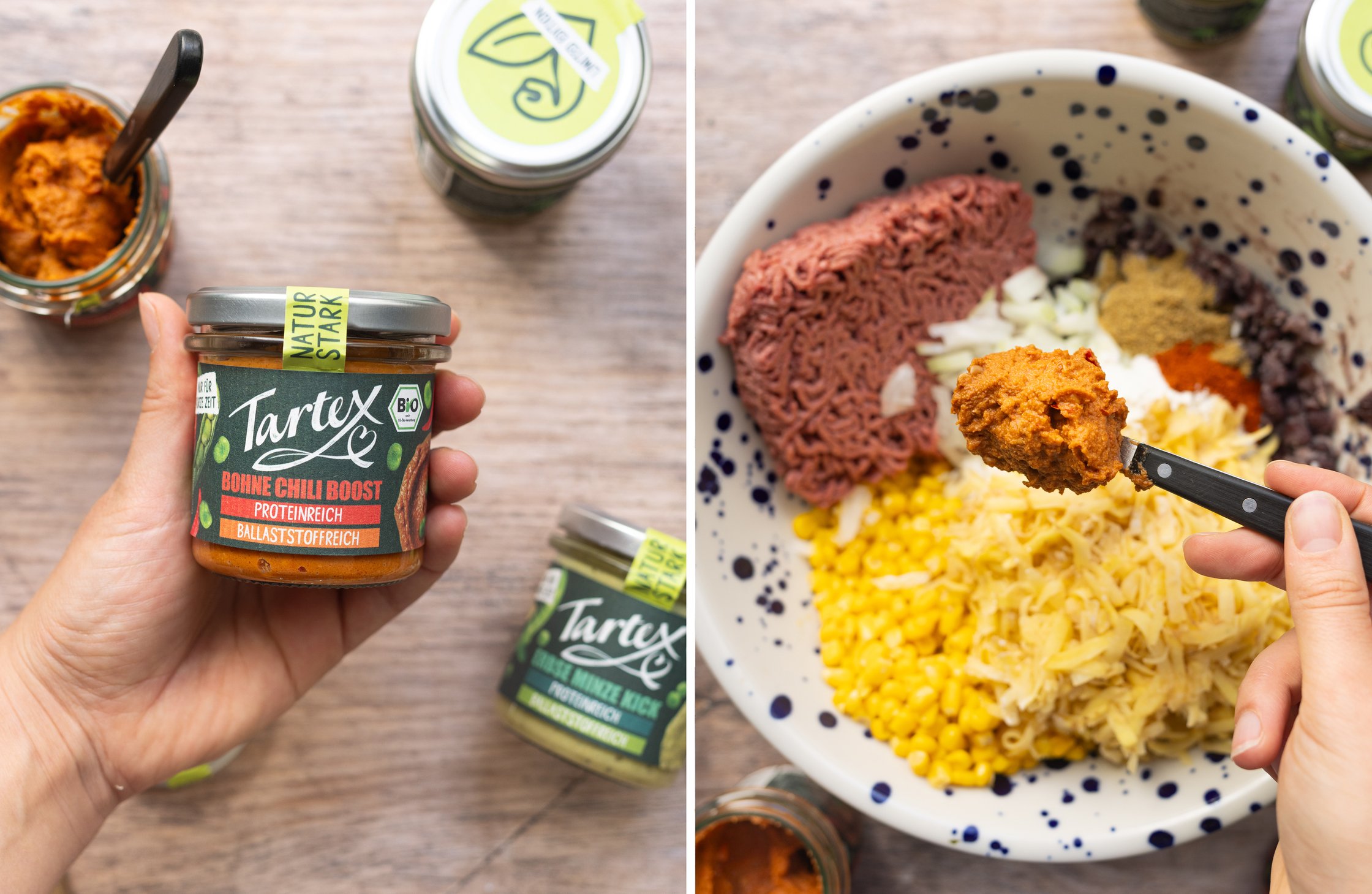 Left: A hand is holding a jar of Tartex spread. Right: The spread is being spooned into the bowl.