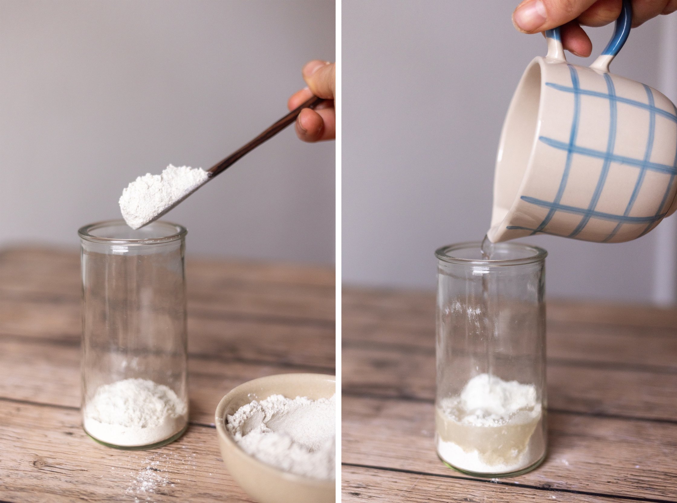 mehl und wasser werden in ein gefäß gegeben für einen sauerteigstarter