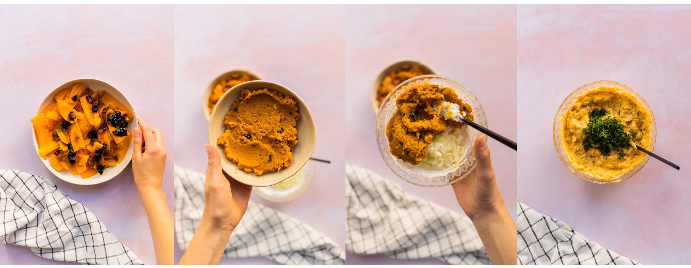 Vegane Lachcreme wird zubereitet, Karotten, pürierte Karotten, klein geschnittene Zwiebeln, Dill in einer Schüssel mit einem