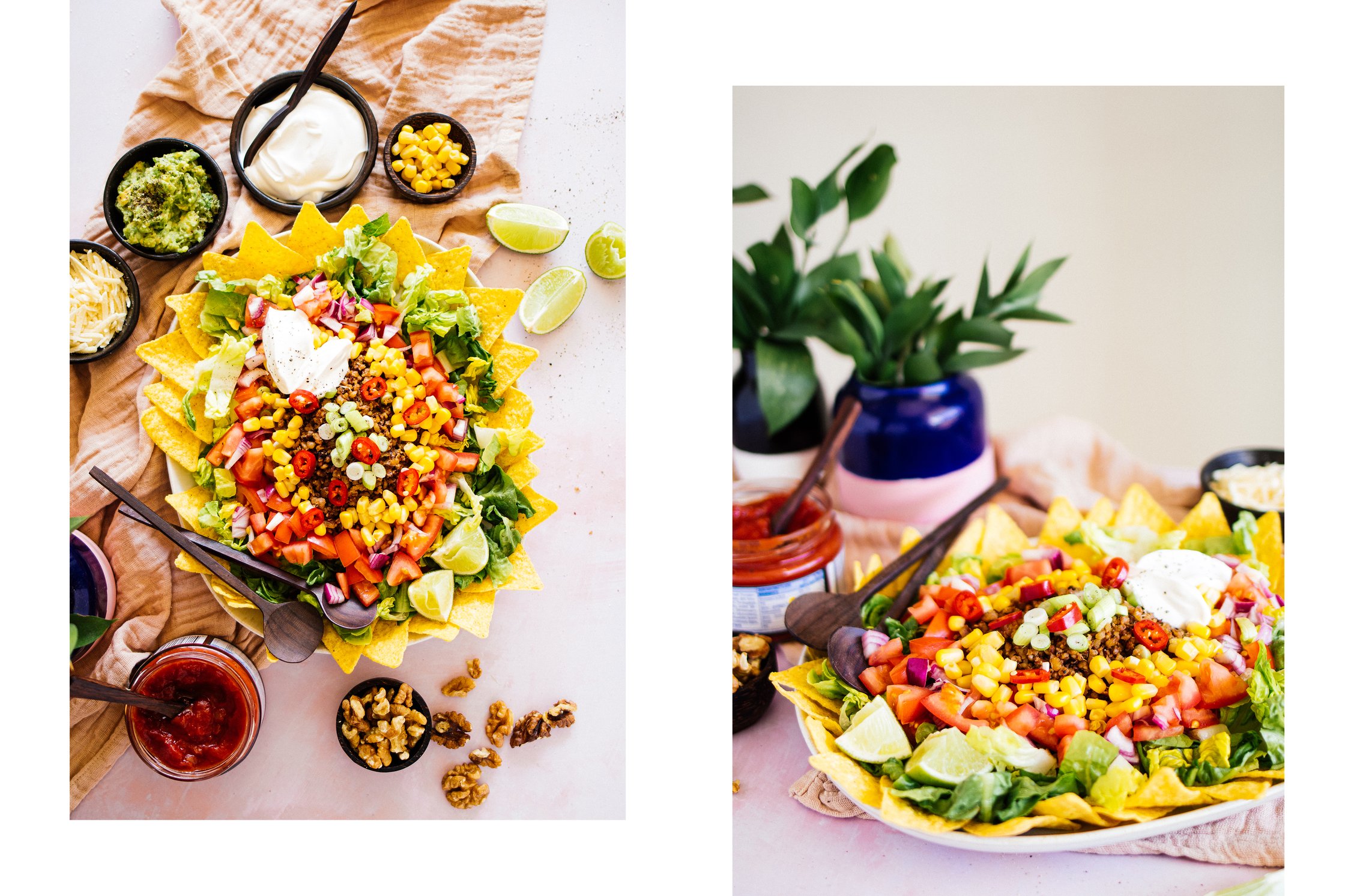 veganer Tacosalat mit Mais, Walnuss-Fleisch und Salsa