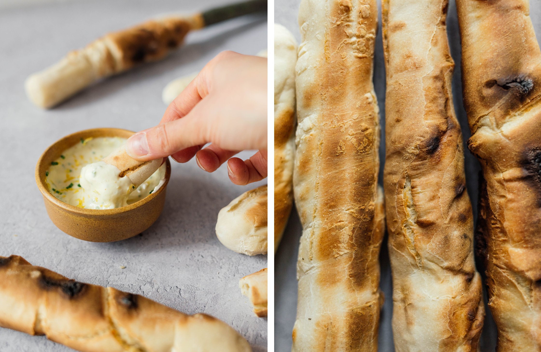 Stockbrot in Soße dippen; veganes Stockbrot in Nahaufnahme