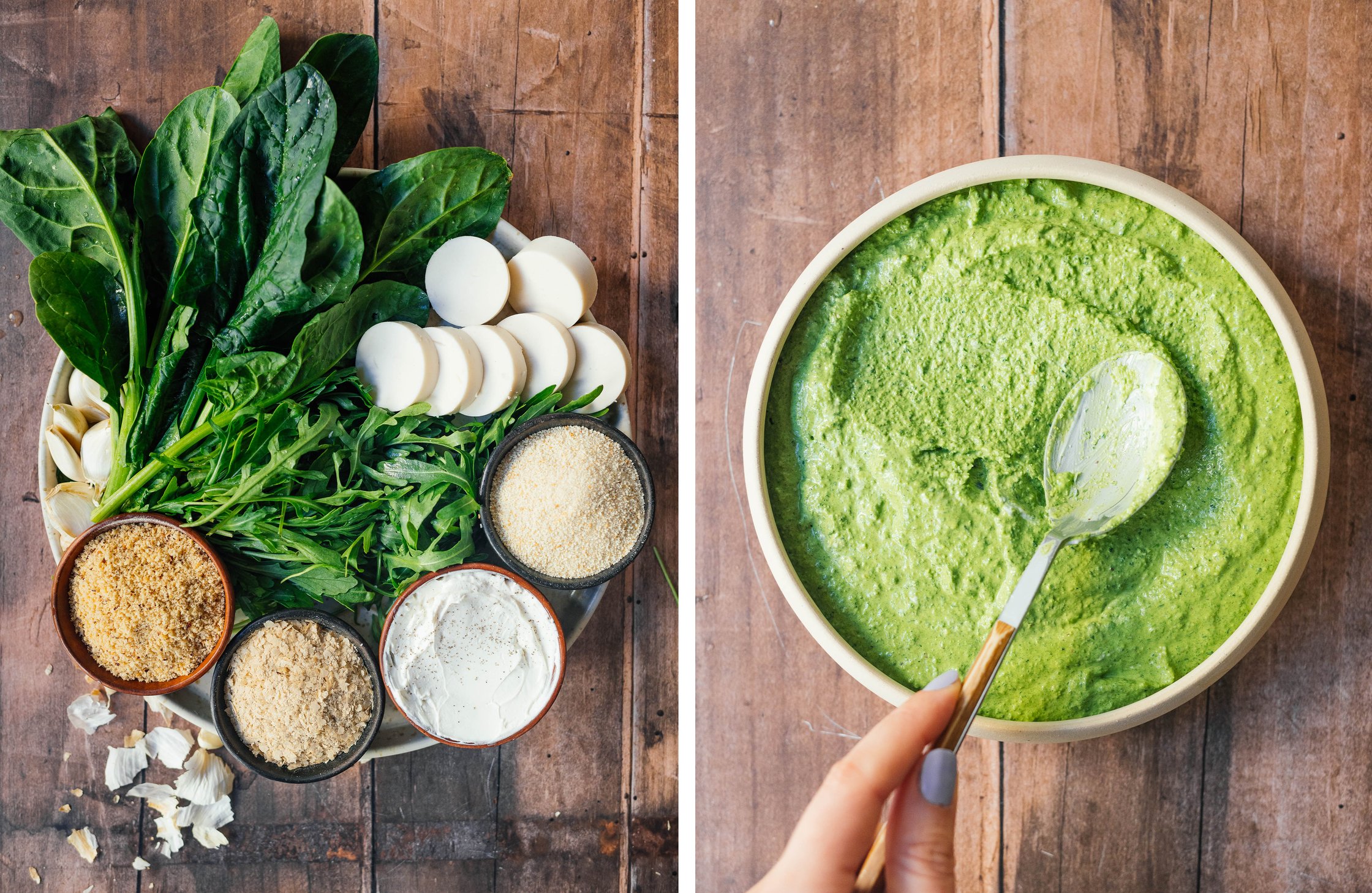ingredients for stuffed gnocchi; spinach filling for vegan gnocchi