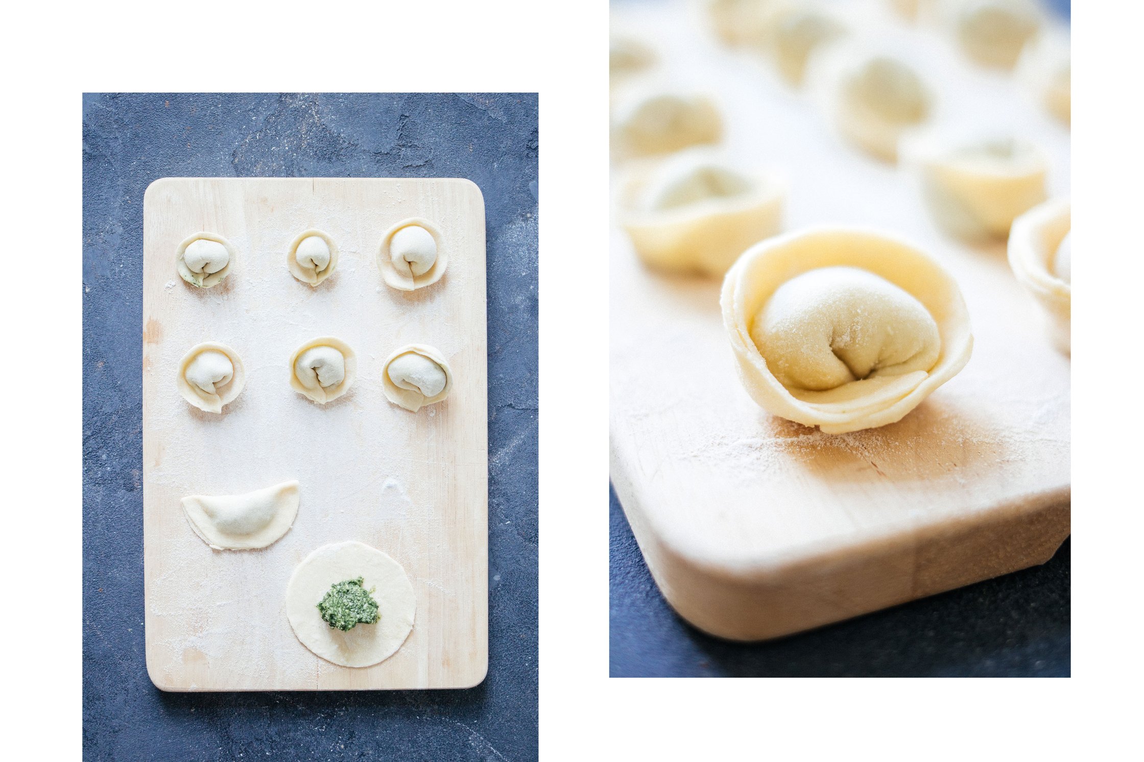 Tortellini werden gefüllt und gefaltet