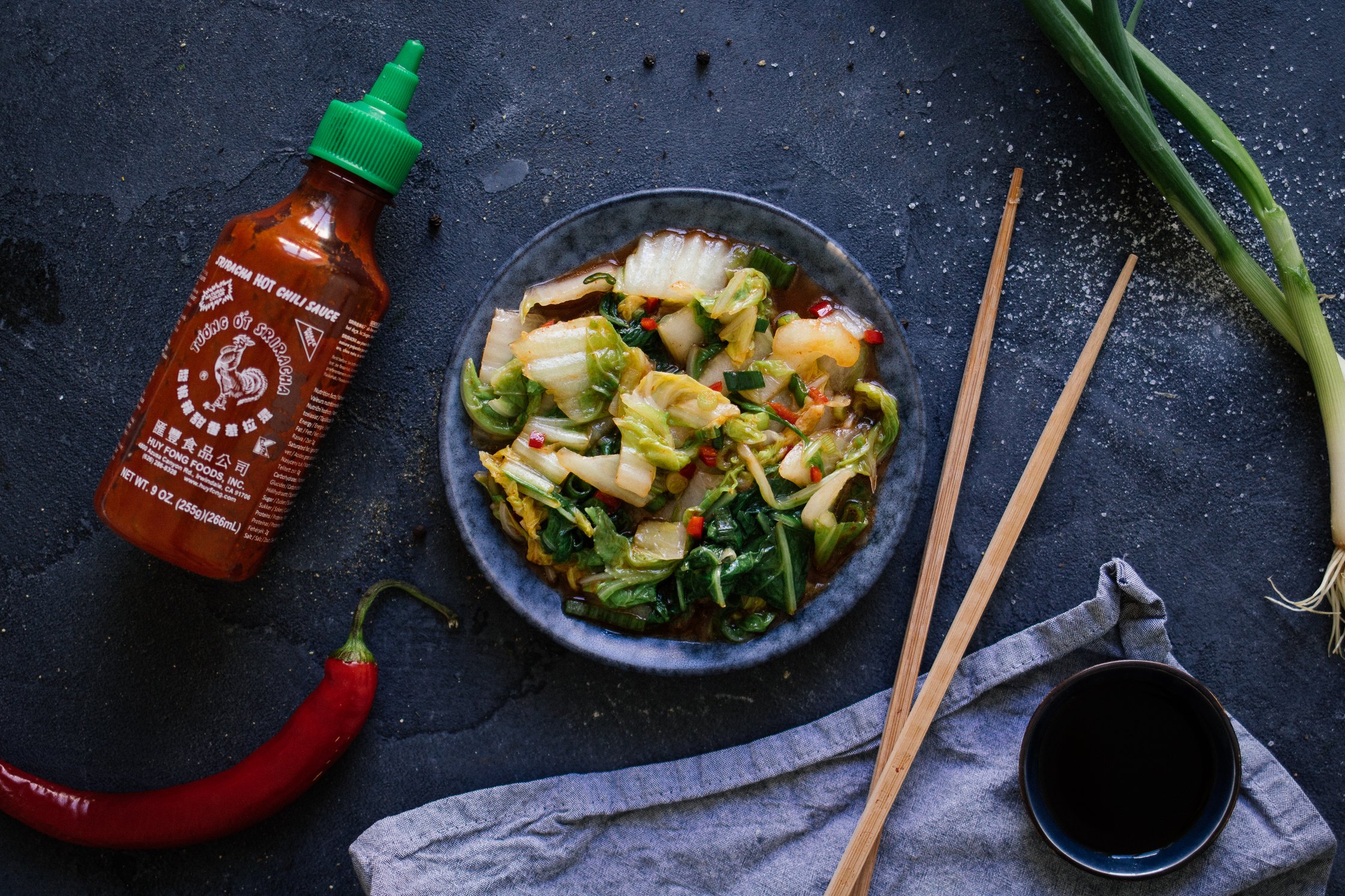vegan kimchi on a blue plate