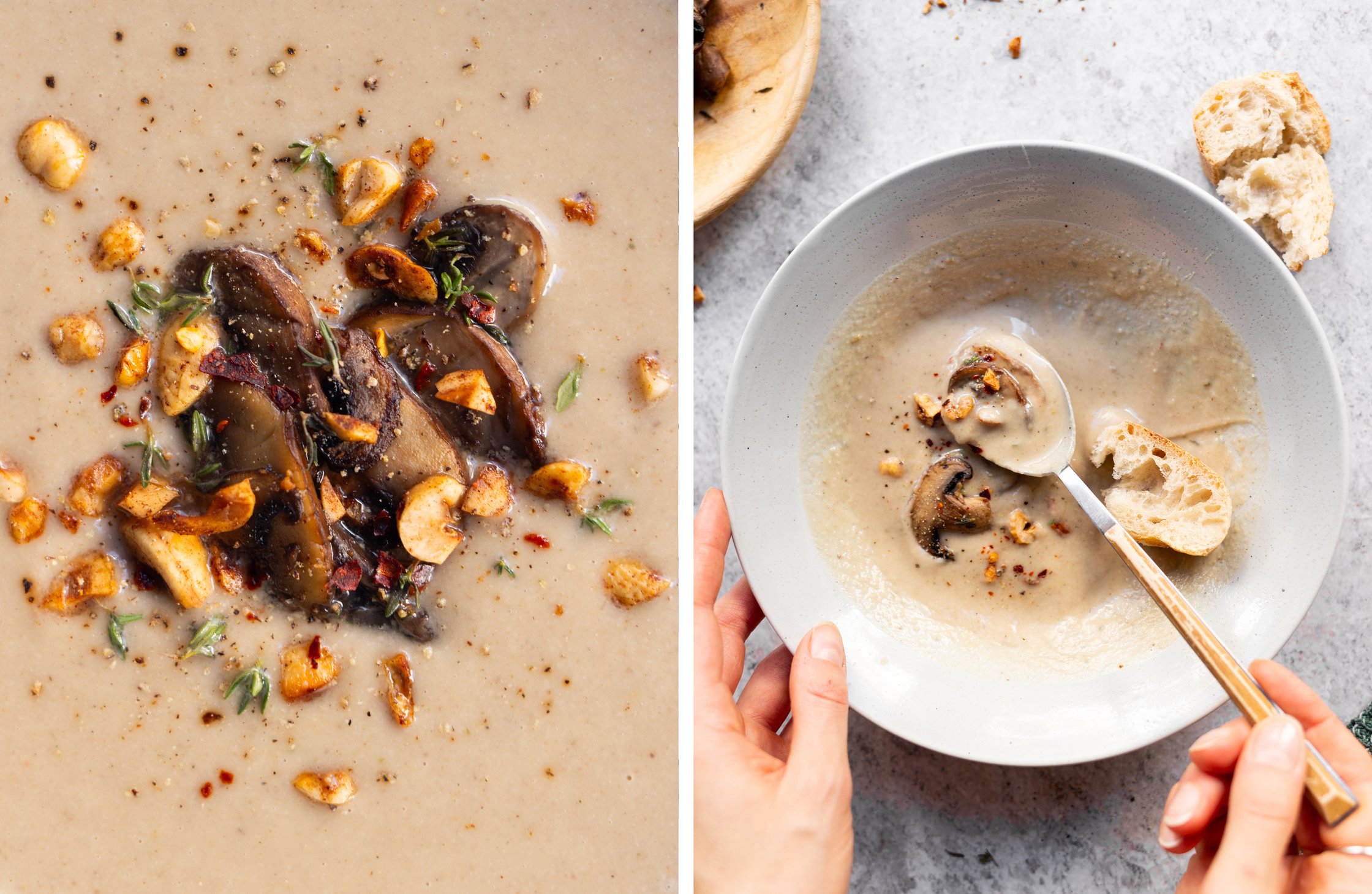 links: Nahaufnahme von maronensuppe mit verschiedenen toppings
rechts: suppe in teller mit Löffel und brot