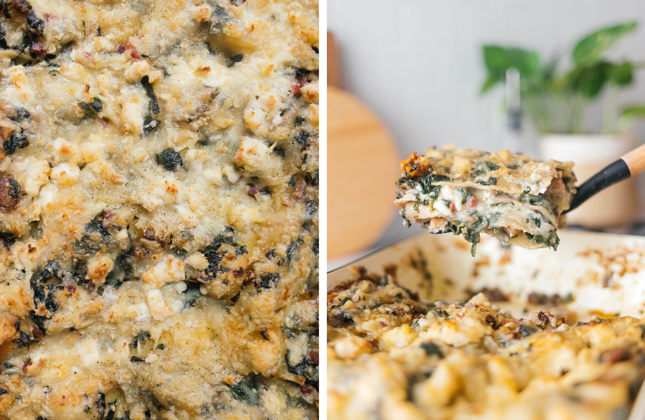 close up of a vegan spinach lasagna; lifting a piece of vegan spinach lasagna out of a baking dish