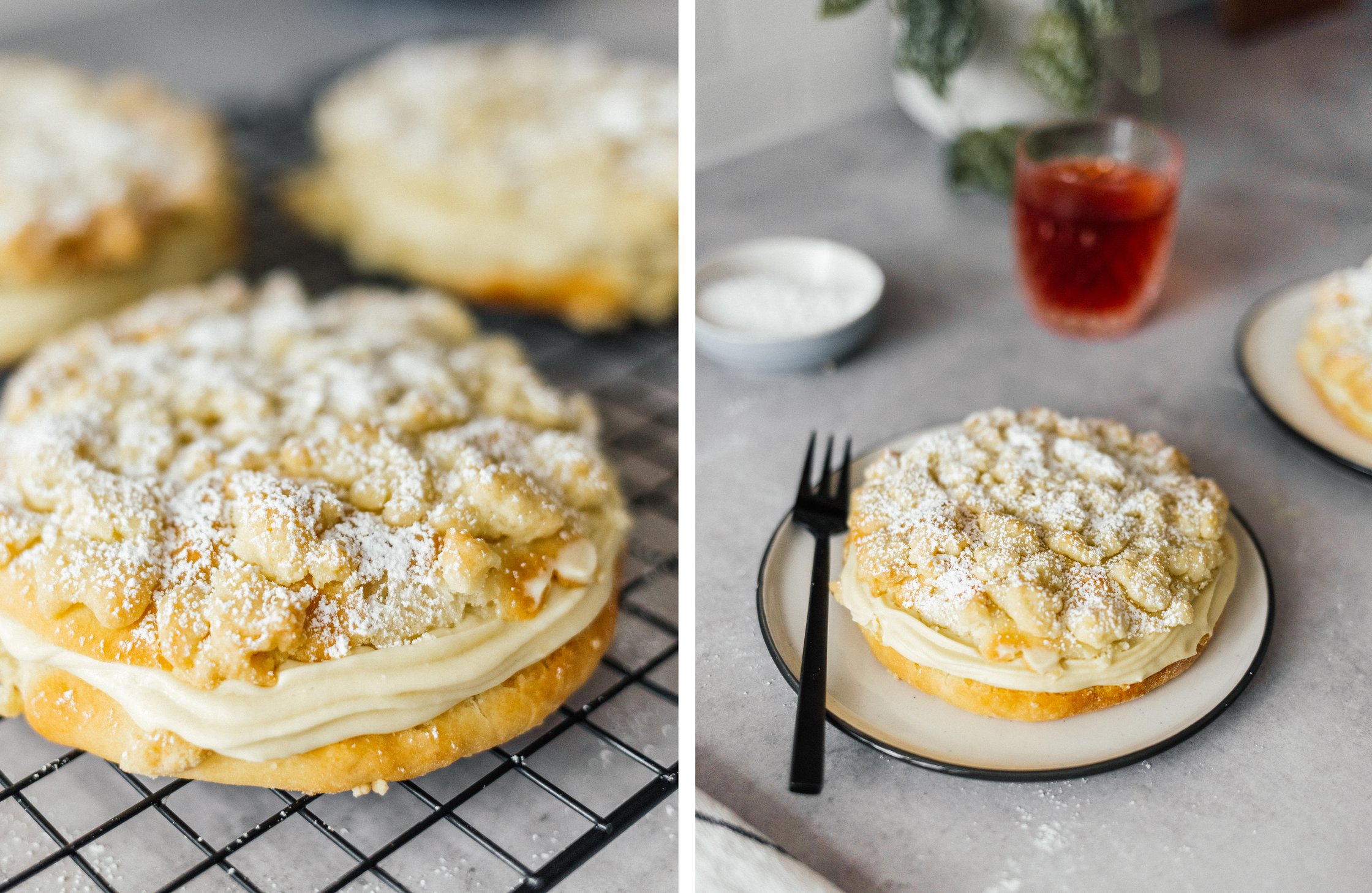 close up of vegan crumble bars with custard filling