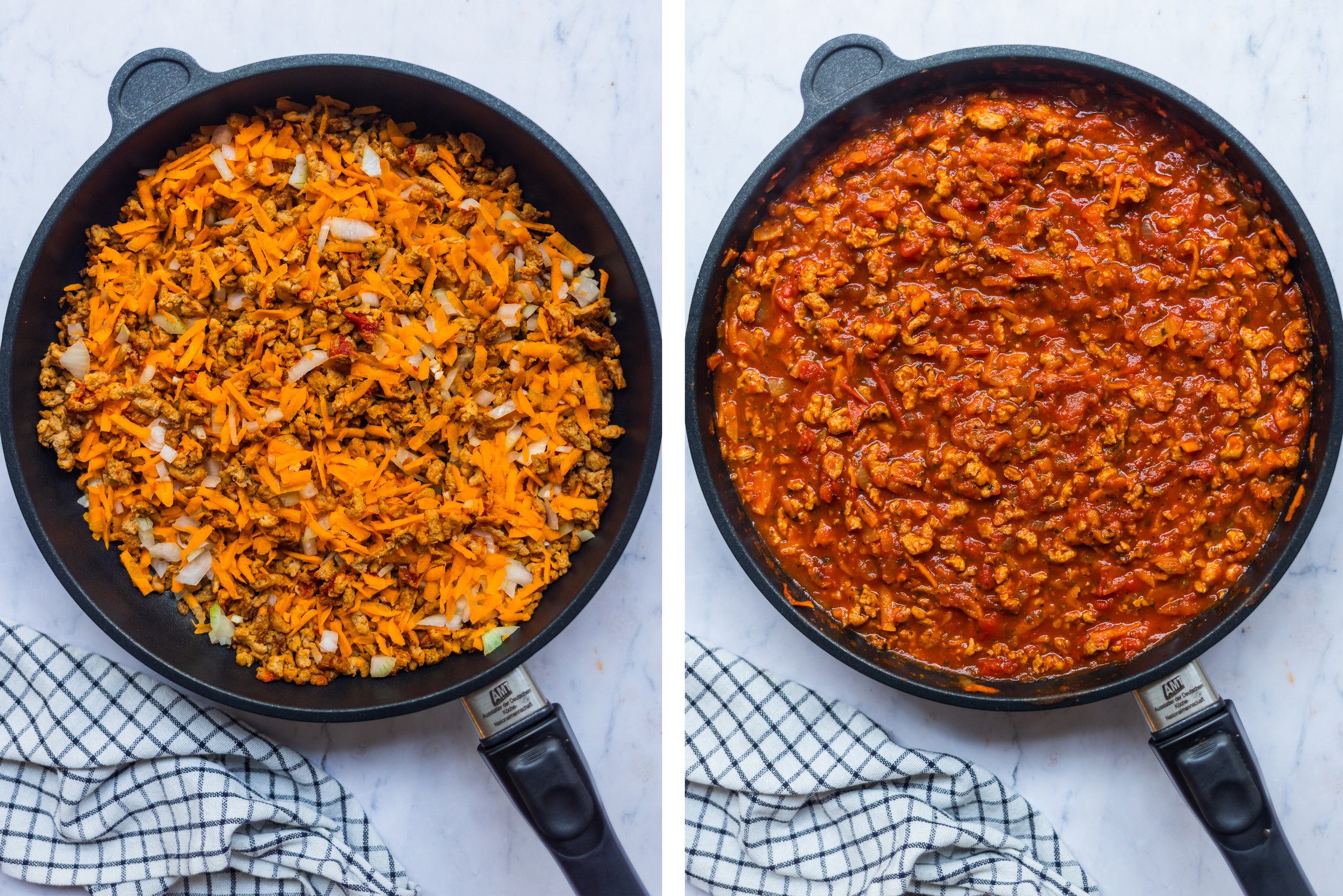 Pan with sliced raw carrots, raw onions and soy granules. Next to it is a pan with cooked vegan bolognese.