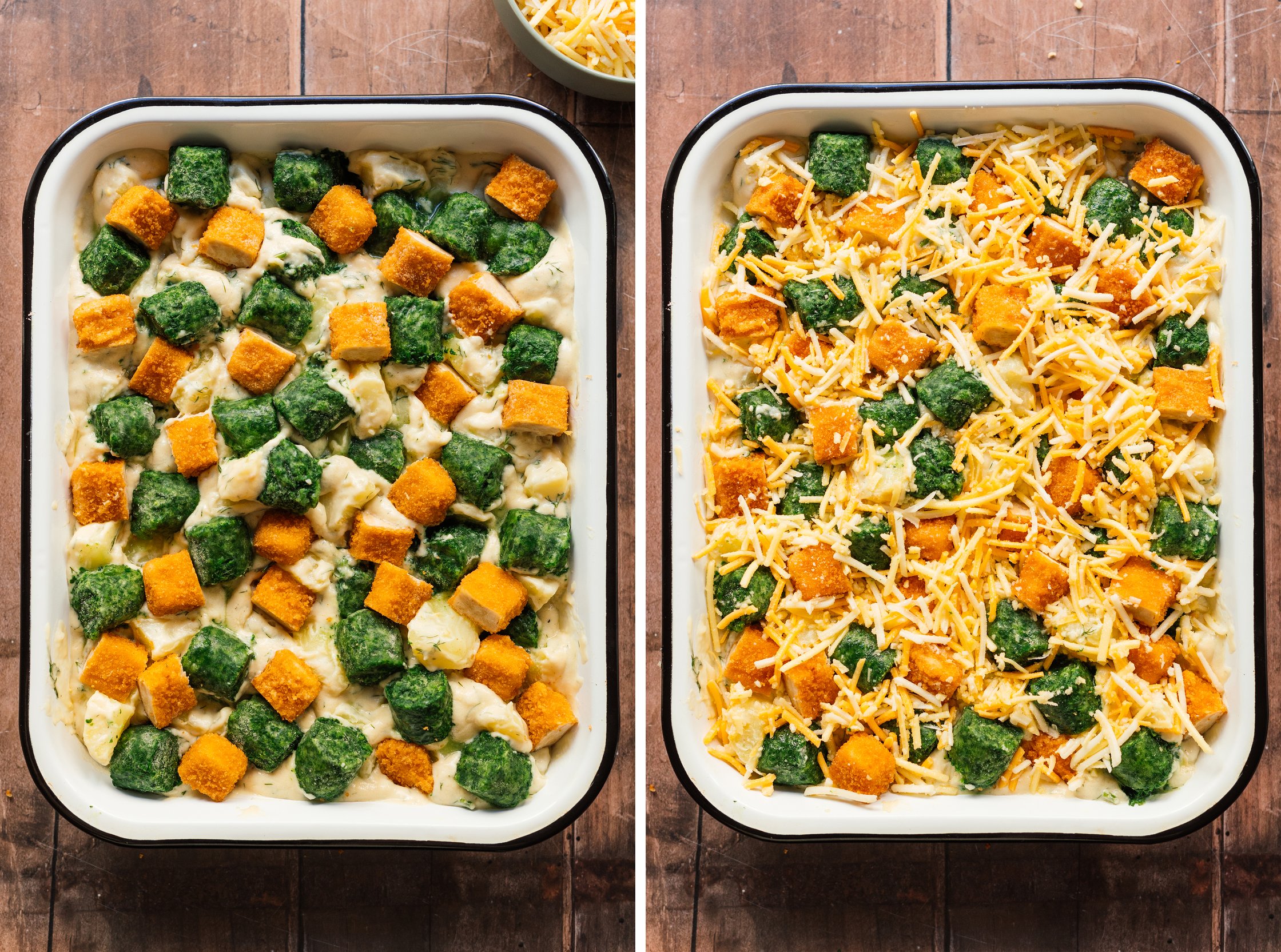 vegane fischstäbchen, kartoffeln und spinat in einer aufflaufform mit käse bedecken