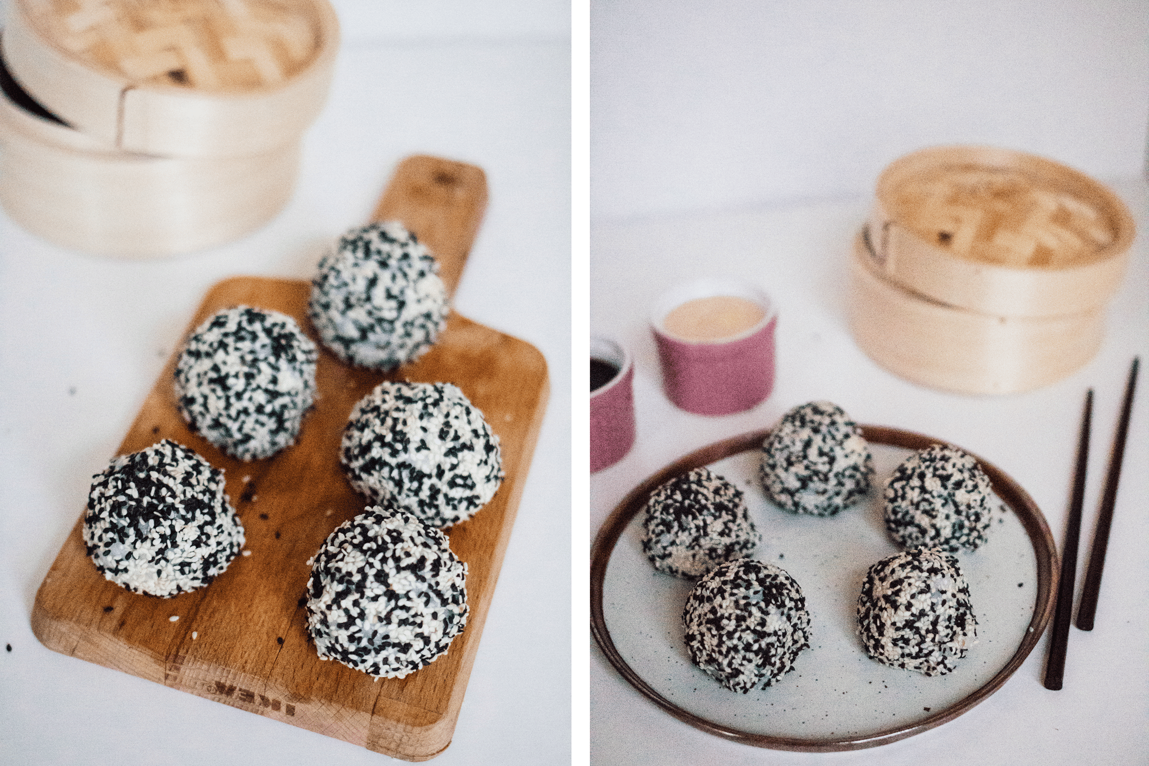 Vegane Onigiri Balls liegen auf einem Brett und auf einem Teller