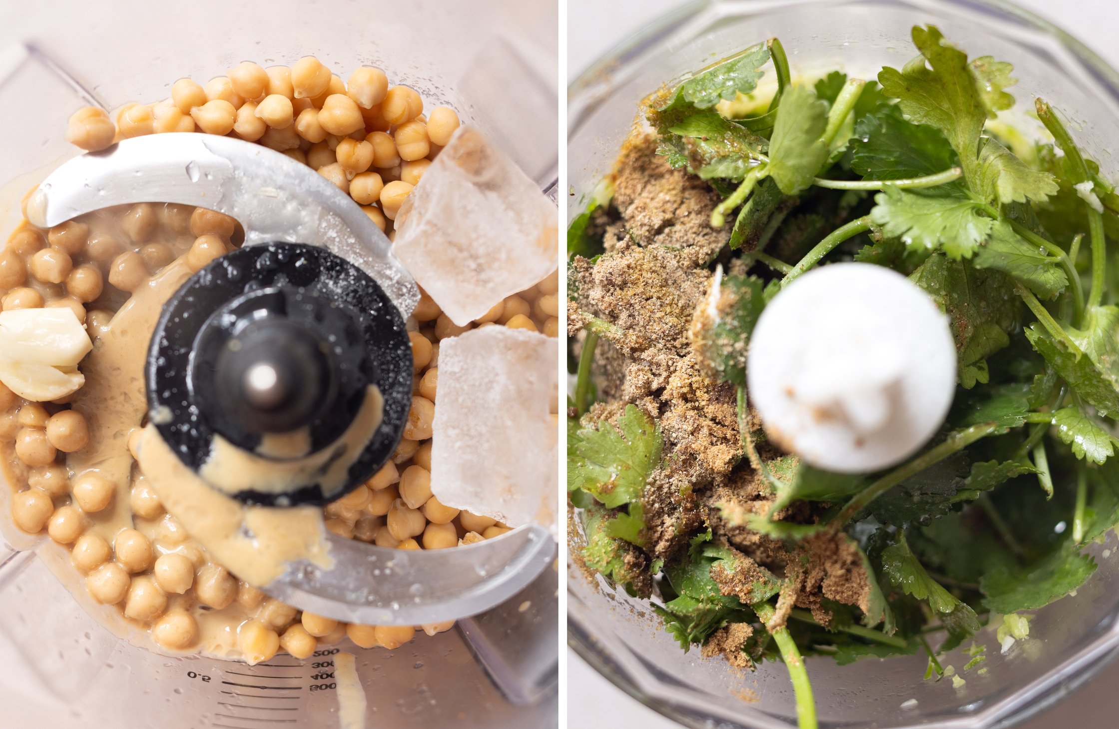 Close-up of hummus in the food processor and close-up of zhough herbs in the food processor.