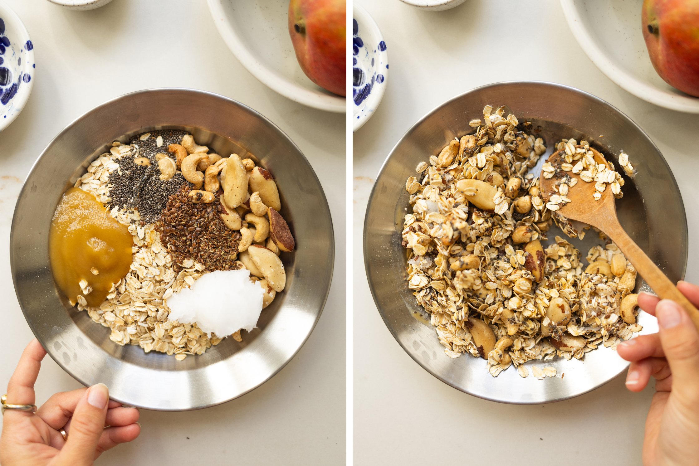 In a silver bowl, the ingredients – chia seeds, cashew nuts, mango purée, pecans, rolled oats, flaxseeds and sugar – are bein