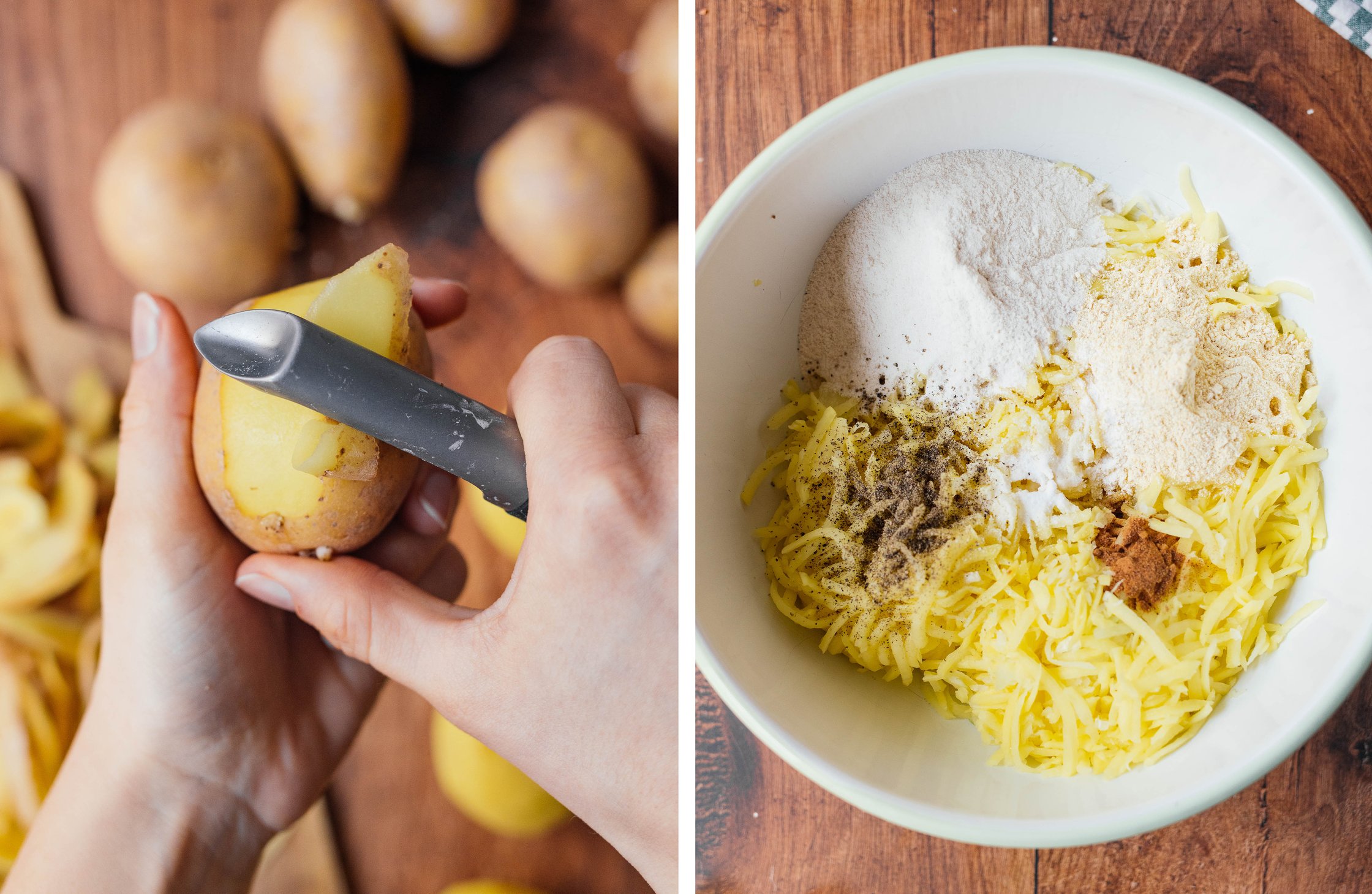 one potato is peeled; grated potatoes with ingredients for potato pancakes