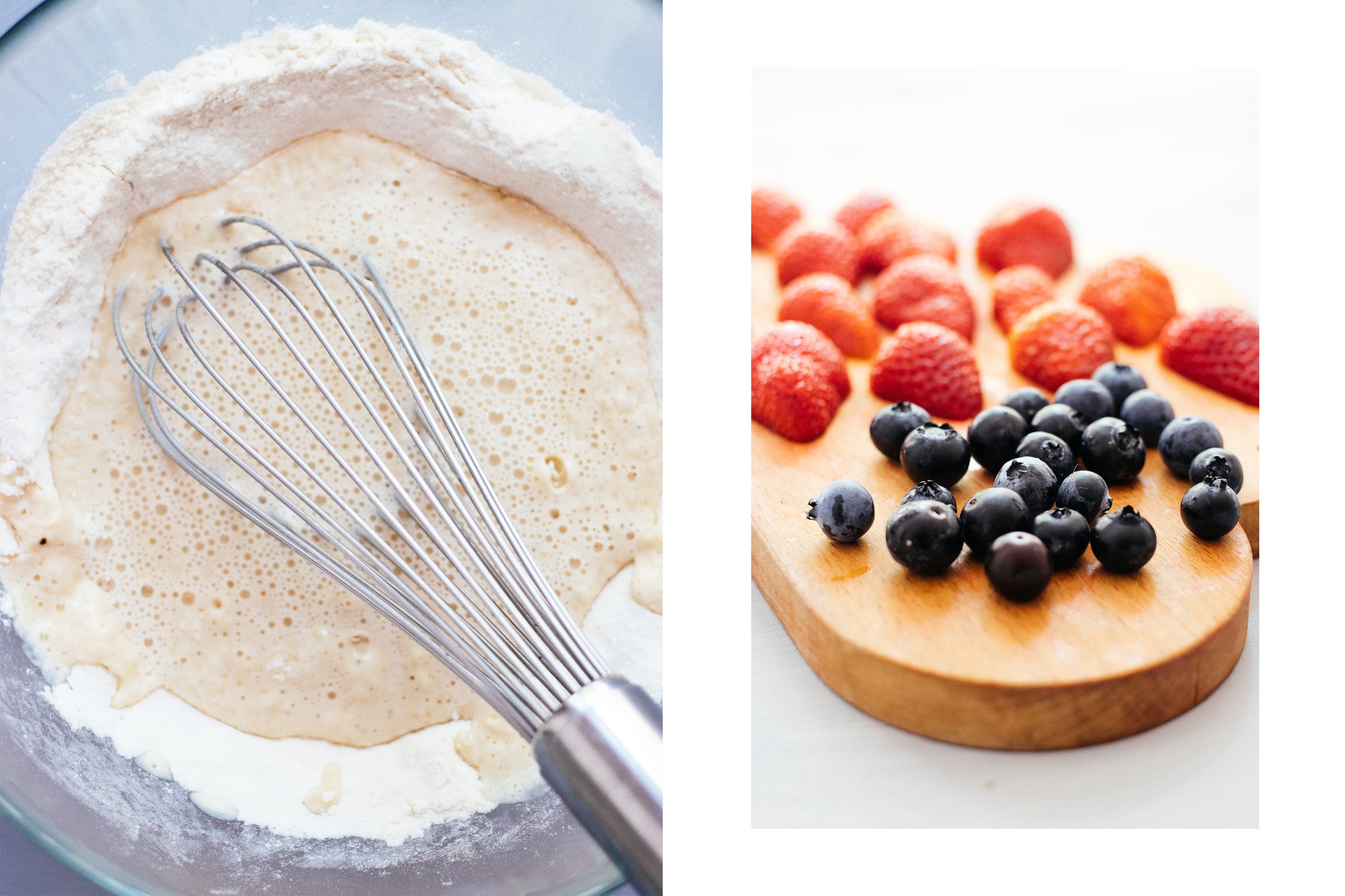 veganer Pancake-Teig in einer Schüssel und Beeren