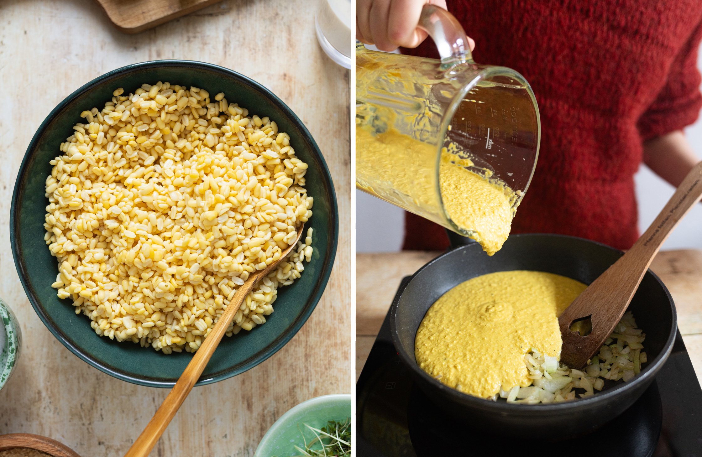 Two-part image of mung beans in a bowl and a pan with onions into which the mung bean mixture is added.