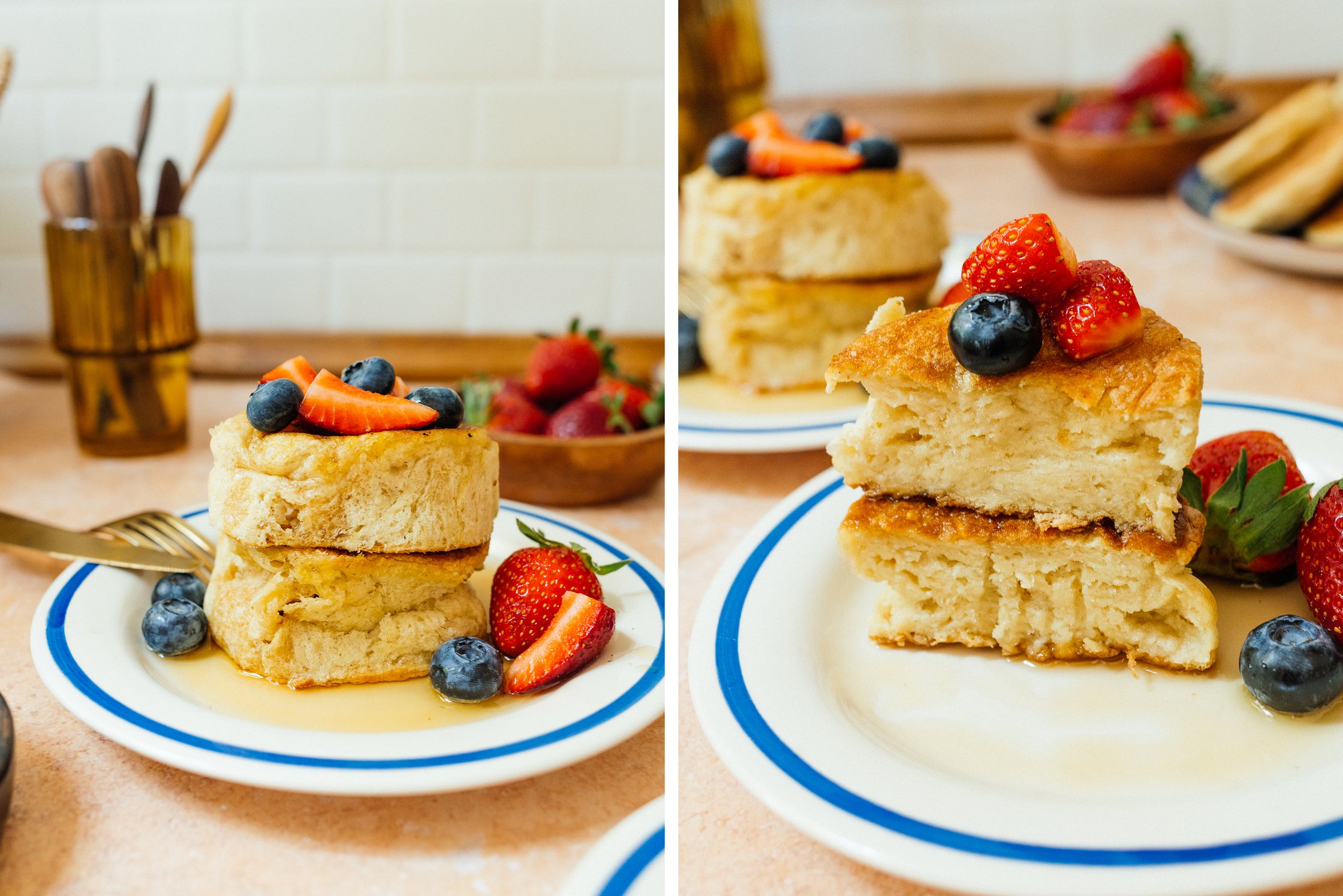 vegan soufflé pancakes with berries on a plate