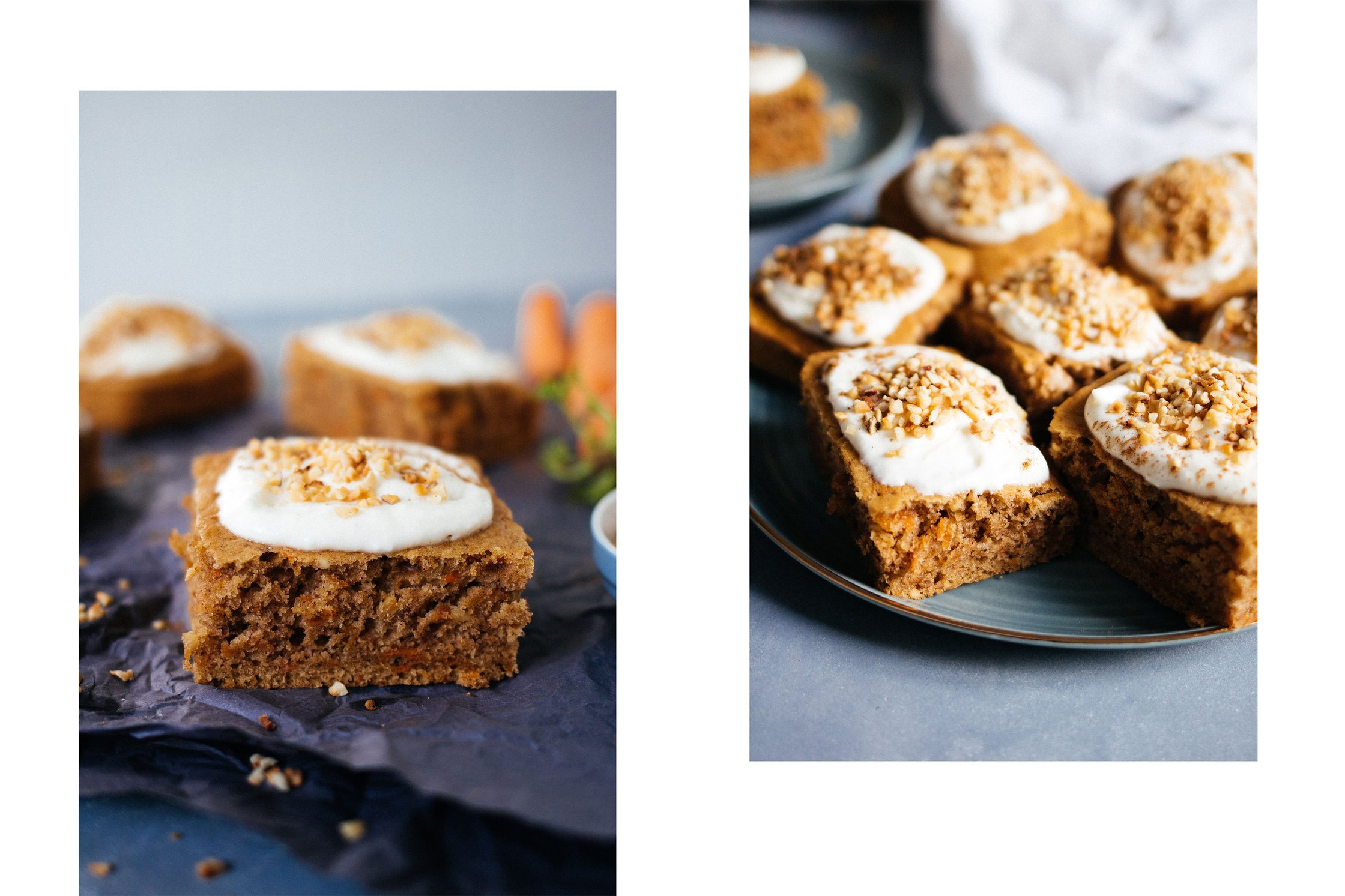 Veganer Karottenkuchen auf einem hellblauen Hintergrund
