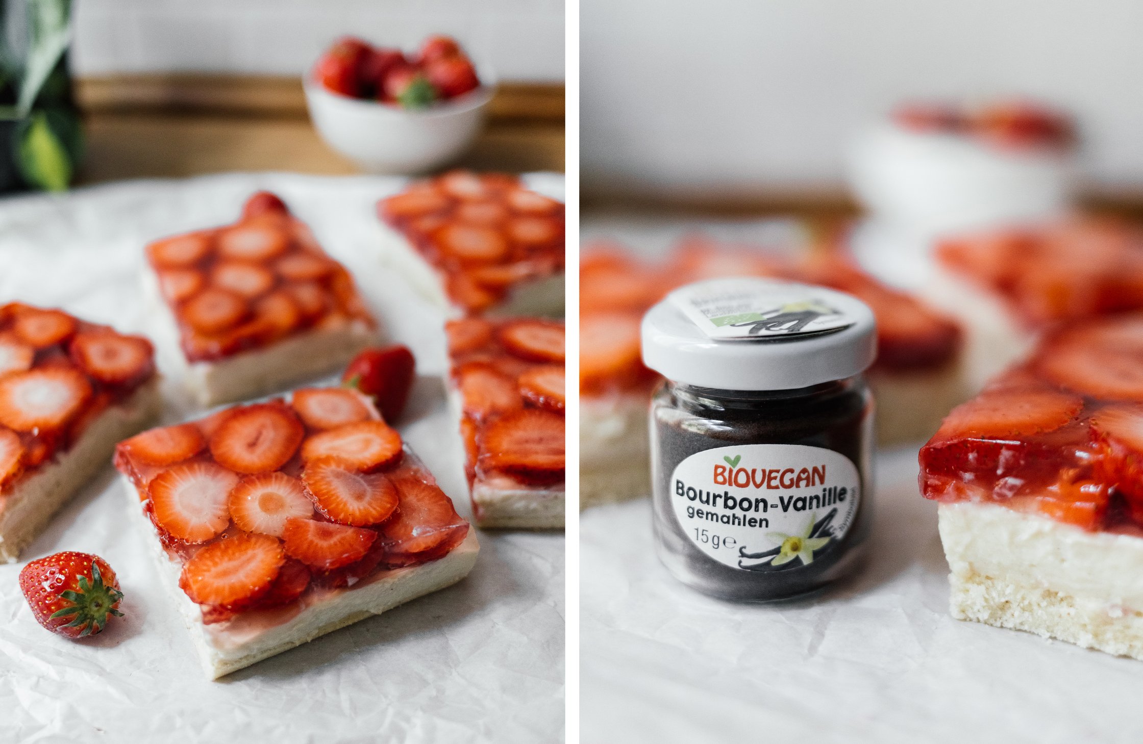 veganer Erdbeerkuchen; kleines Glas mit Vanille