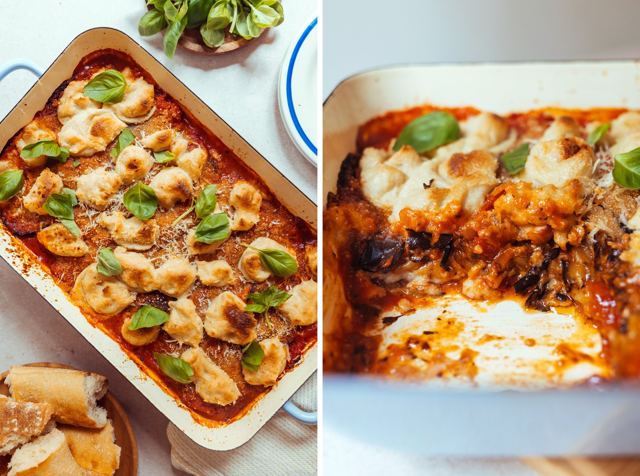 nahaufnahme von angeschnittenem Veganen Auberginenauflauf (Parmigiana di melanzane)