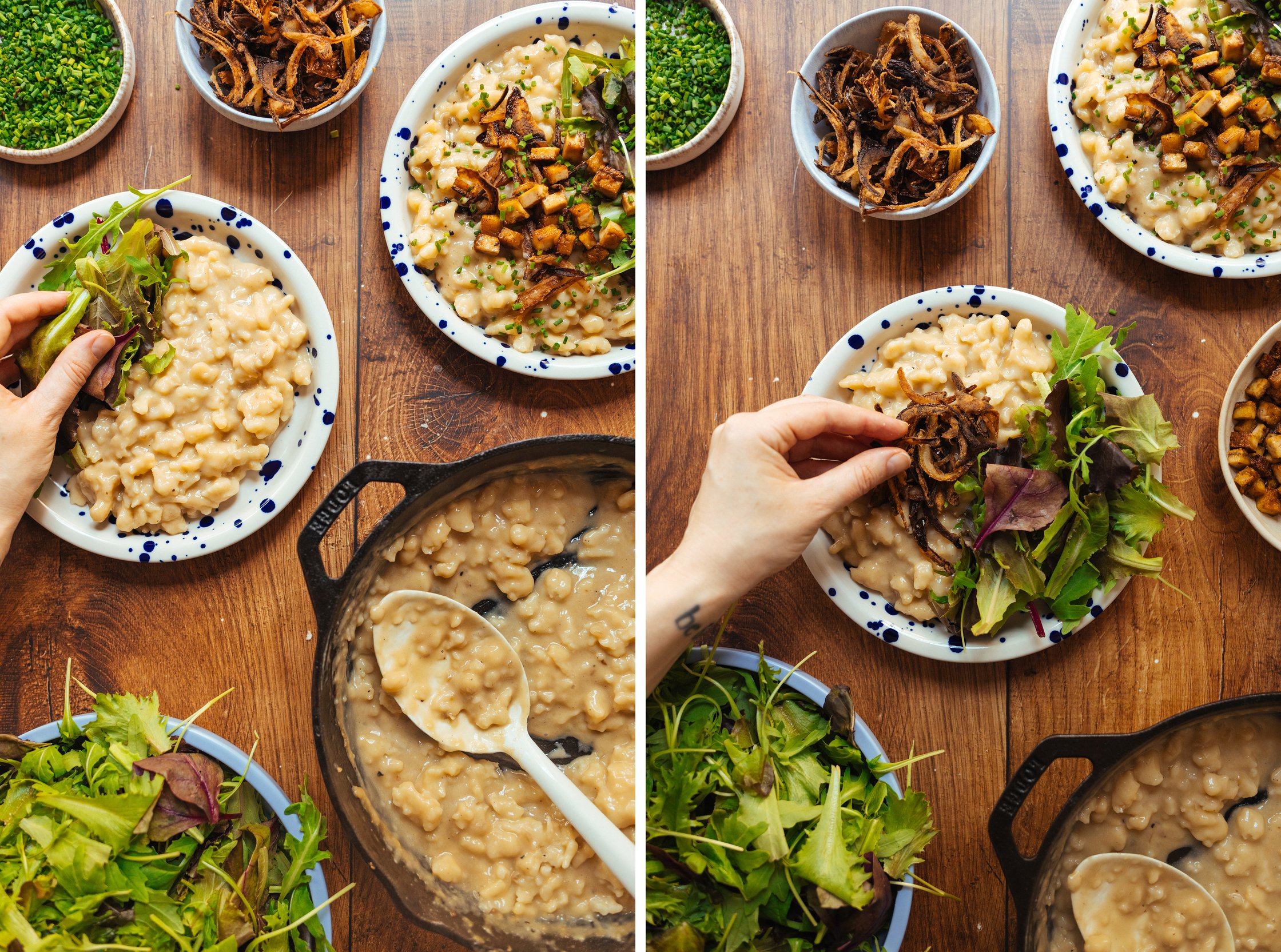 vegane käsespätzle mit röstzwiebeln und räuchertofu toppen