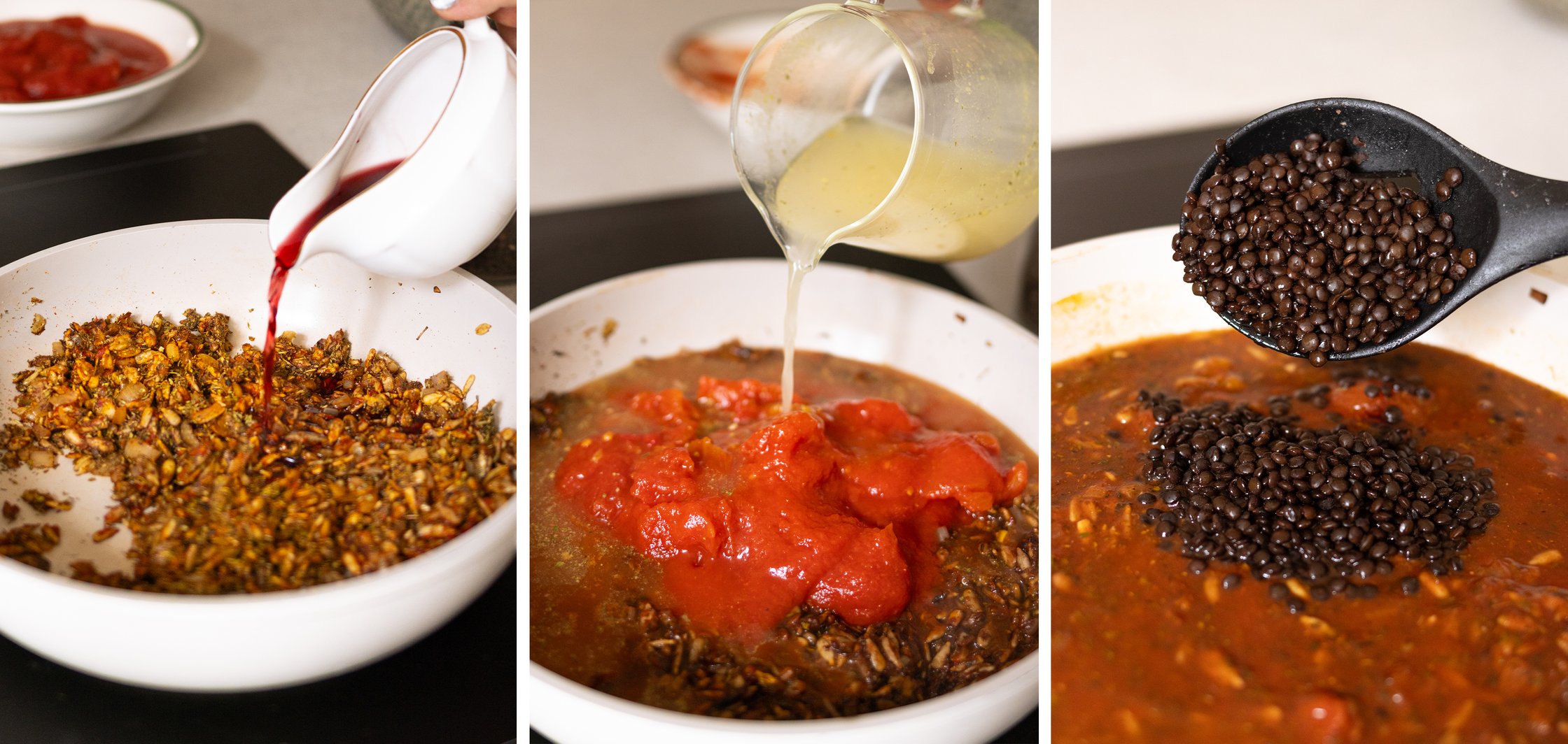 Die Linsen-Bolognese wird zubereitet in drei Schritten.