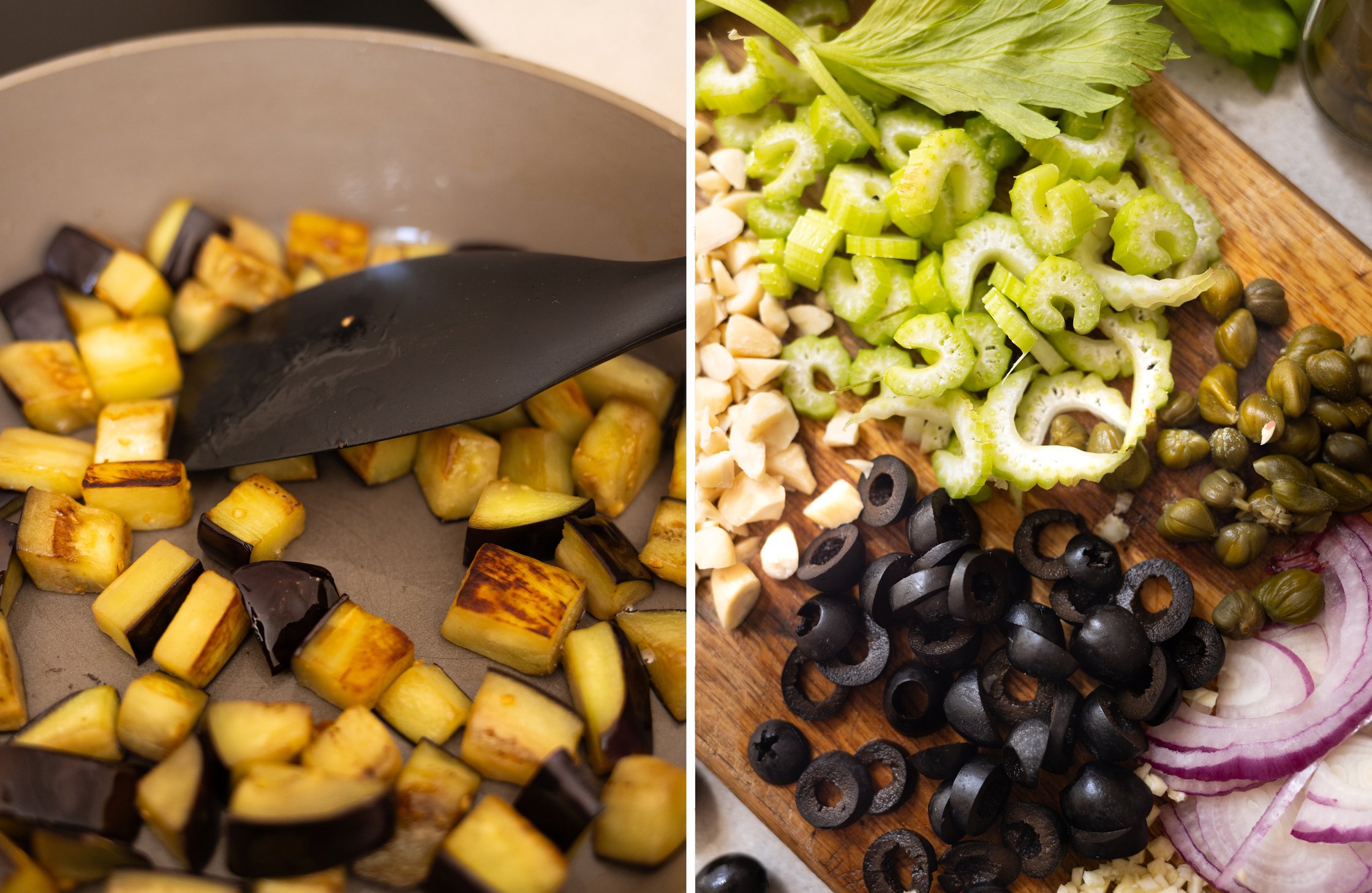 Die Aubergine wird angebraten und Oliven, Nüsse, Sellerie, Kapern werden kleingeschnitten.