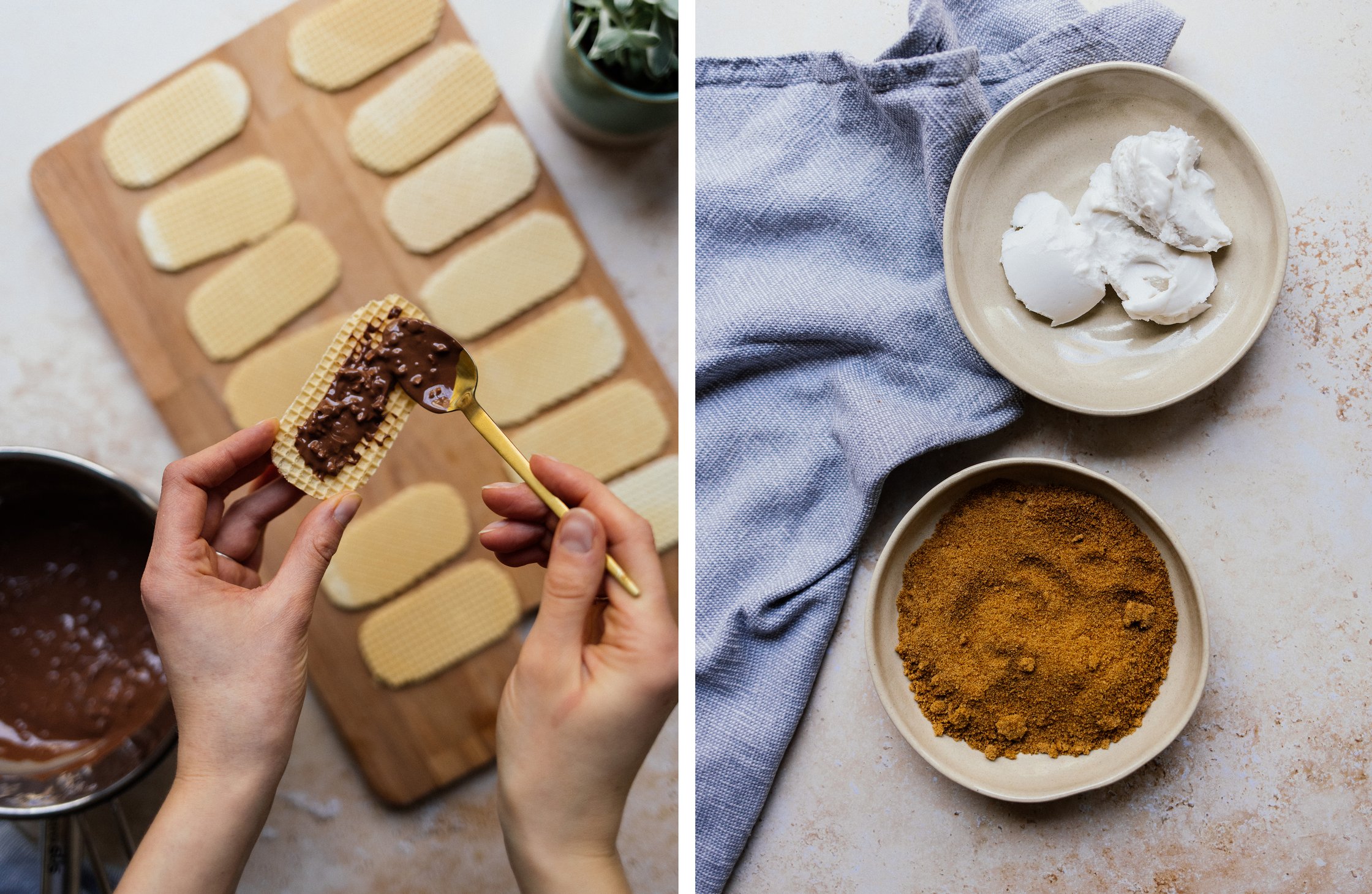 spreading hazelnut chocolate on waffle platters; bowls with coconut blossom sugar and coconut milk
