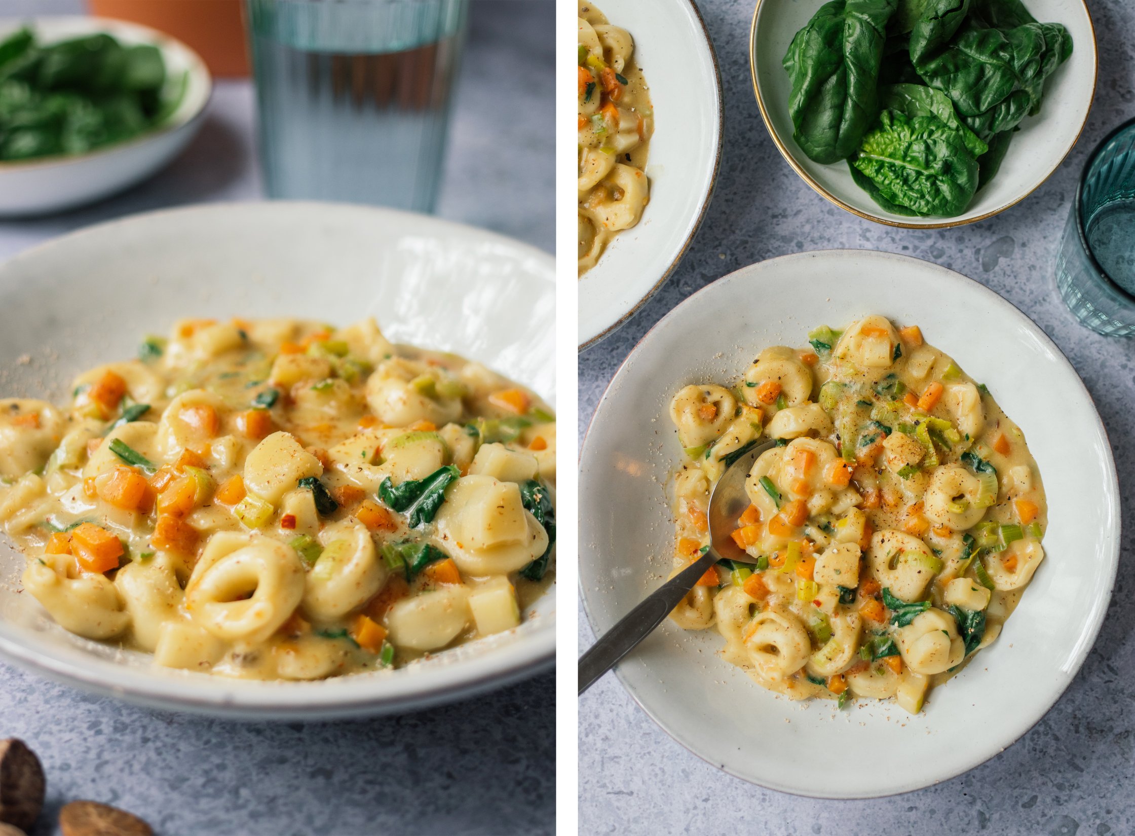 ein teller voller veganer tortellini suppe
