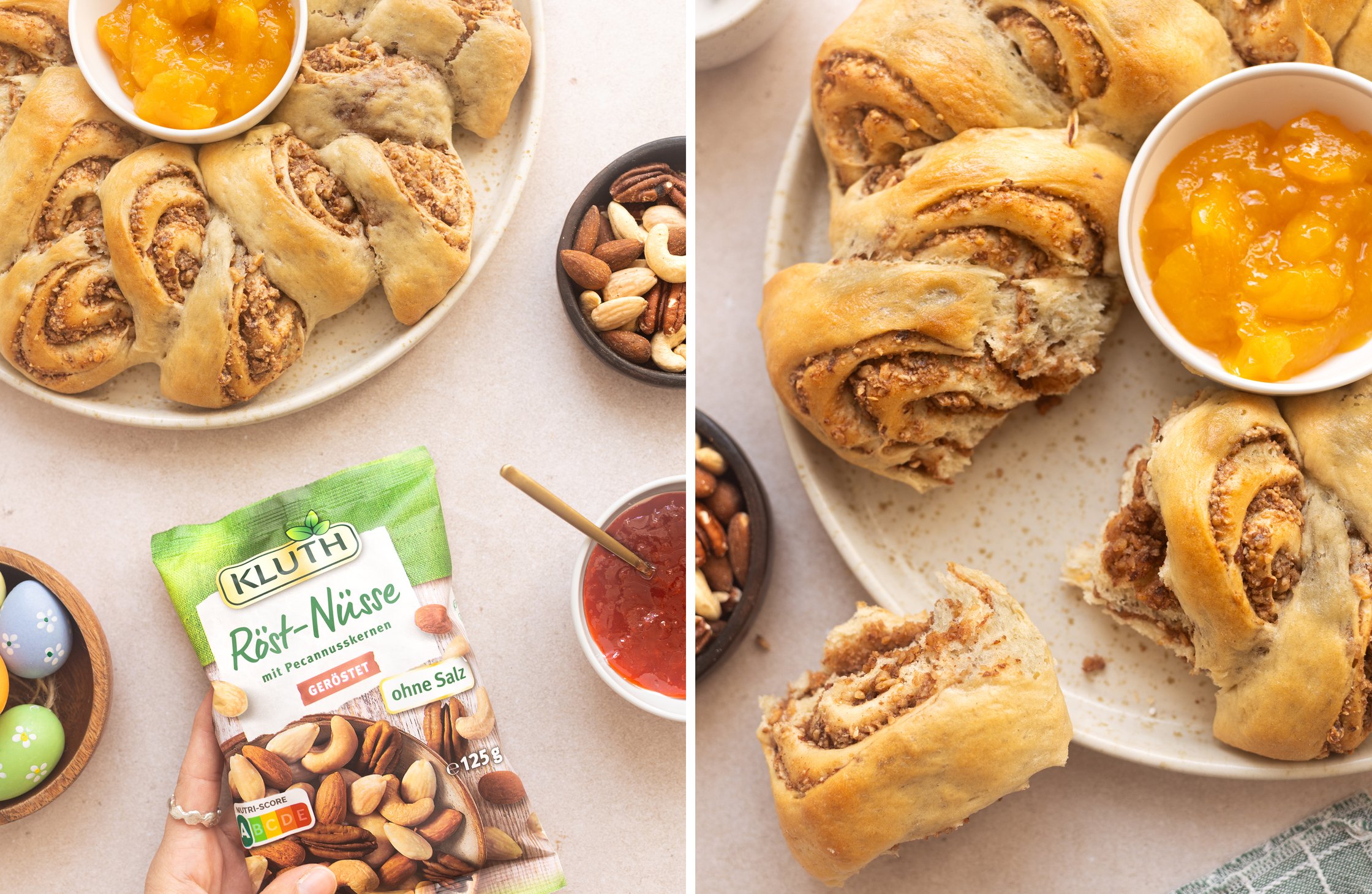 Two-part image - Left: baked yeast ring and Kluth nut mix. Right: baked yeast ring with nut filling on a plate.