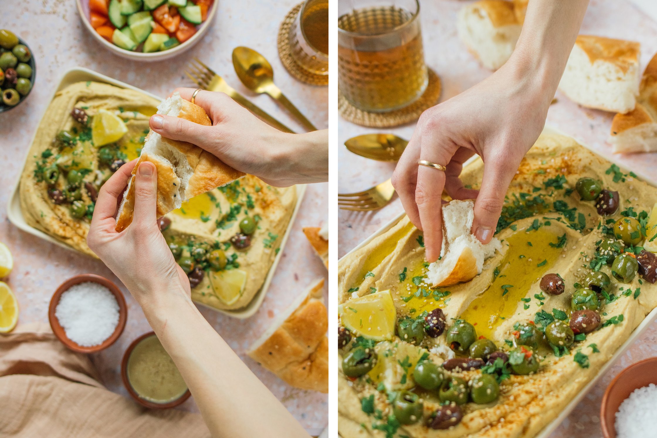 hands breaking bread, dipping the bread into hummus