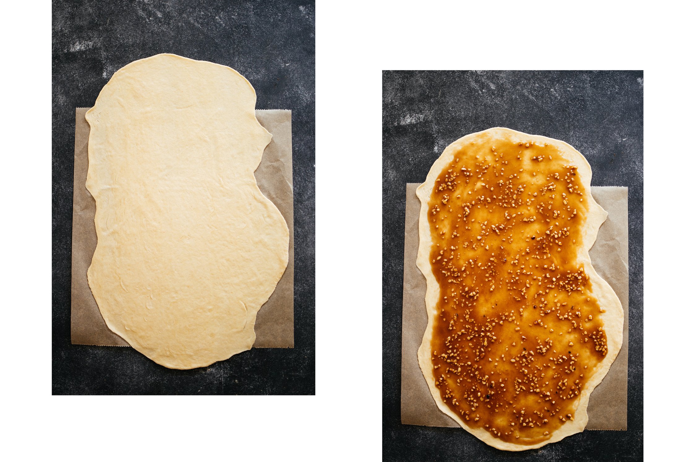 vegan rolled-out yeast dough with nougat filling