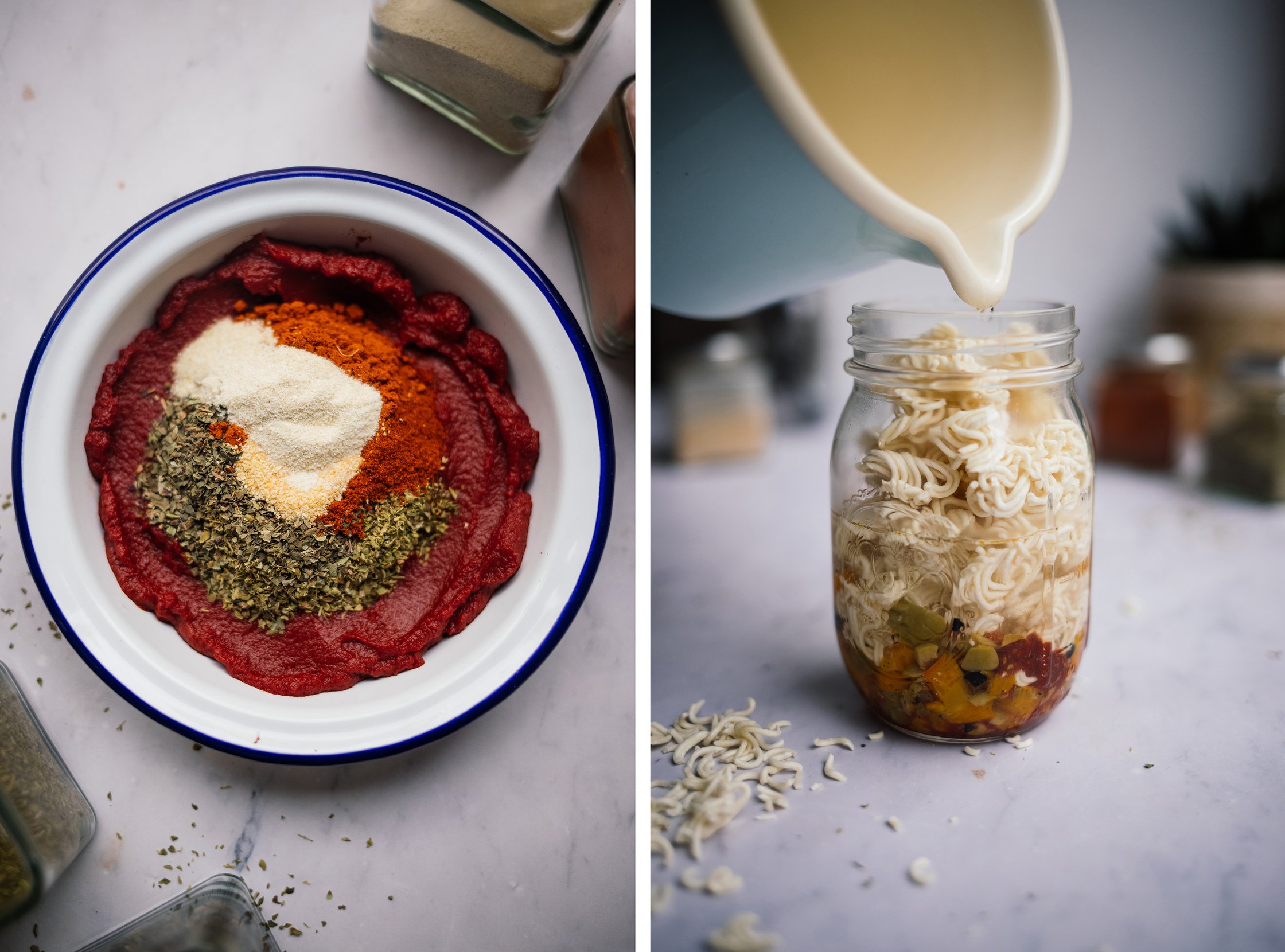 pouring hot water over vegan instant pasta with tomato sauce