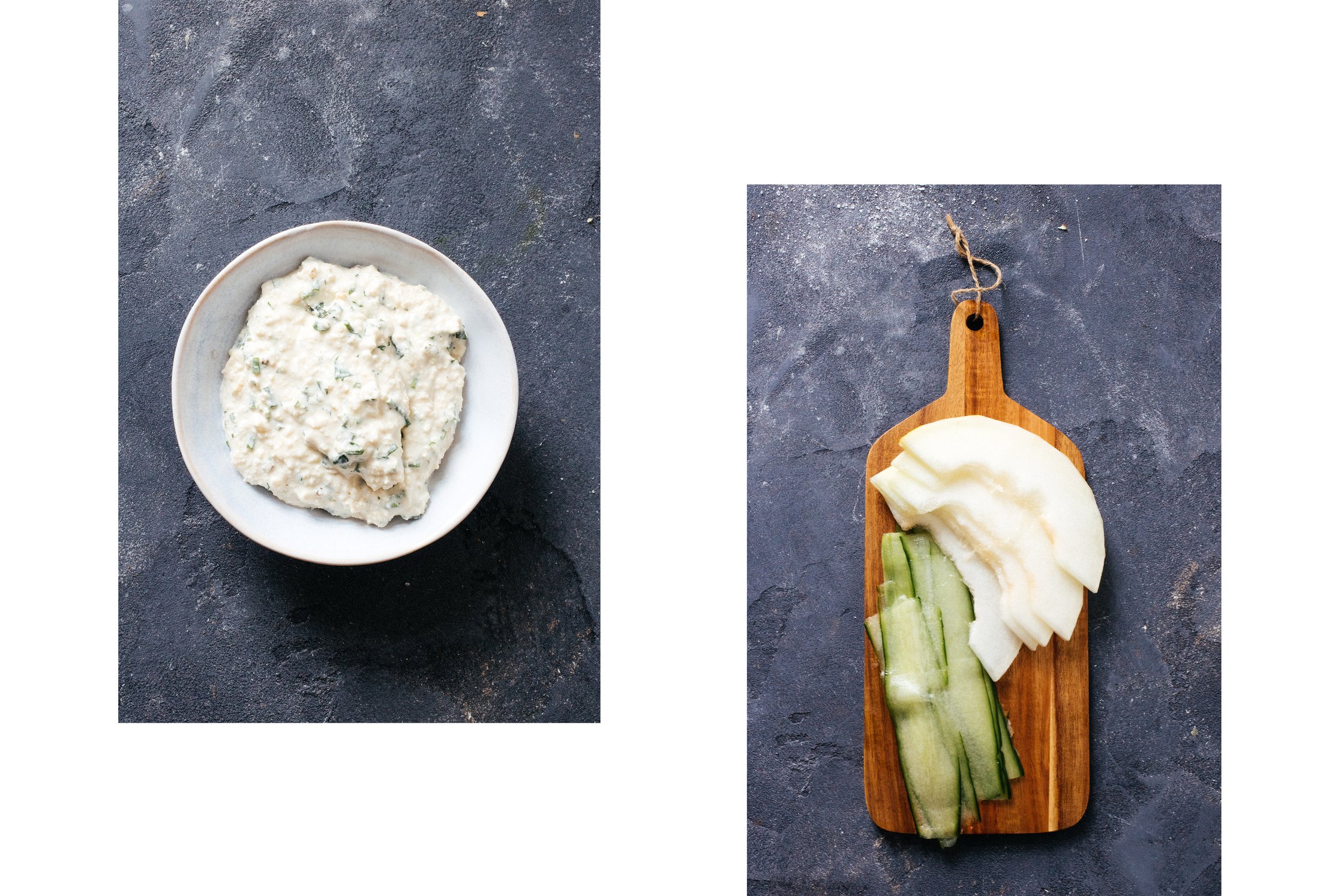 veganer Ricotta mit Honigmelone und Gurke