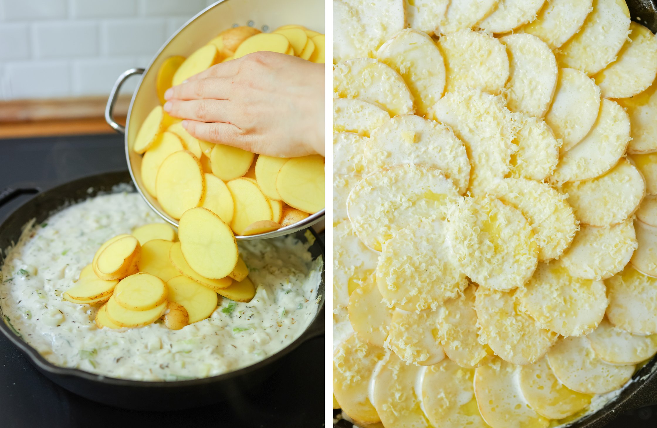 adding potatoes to the sauce; potato bake before baking