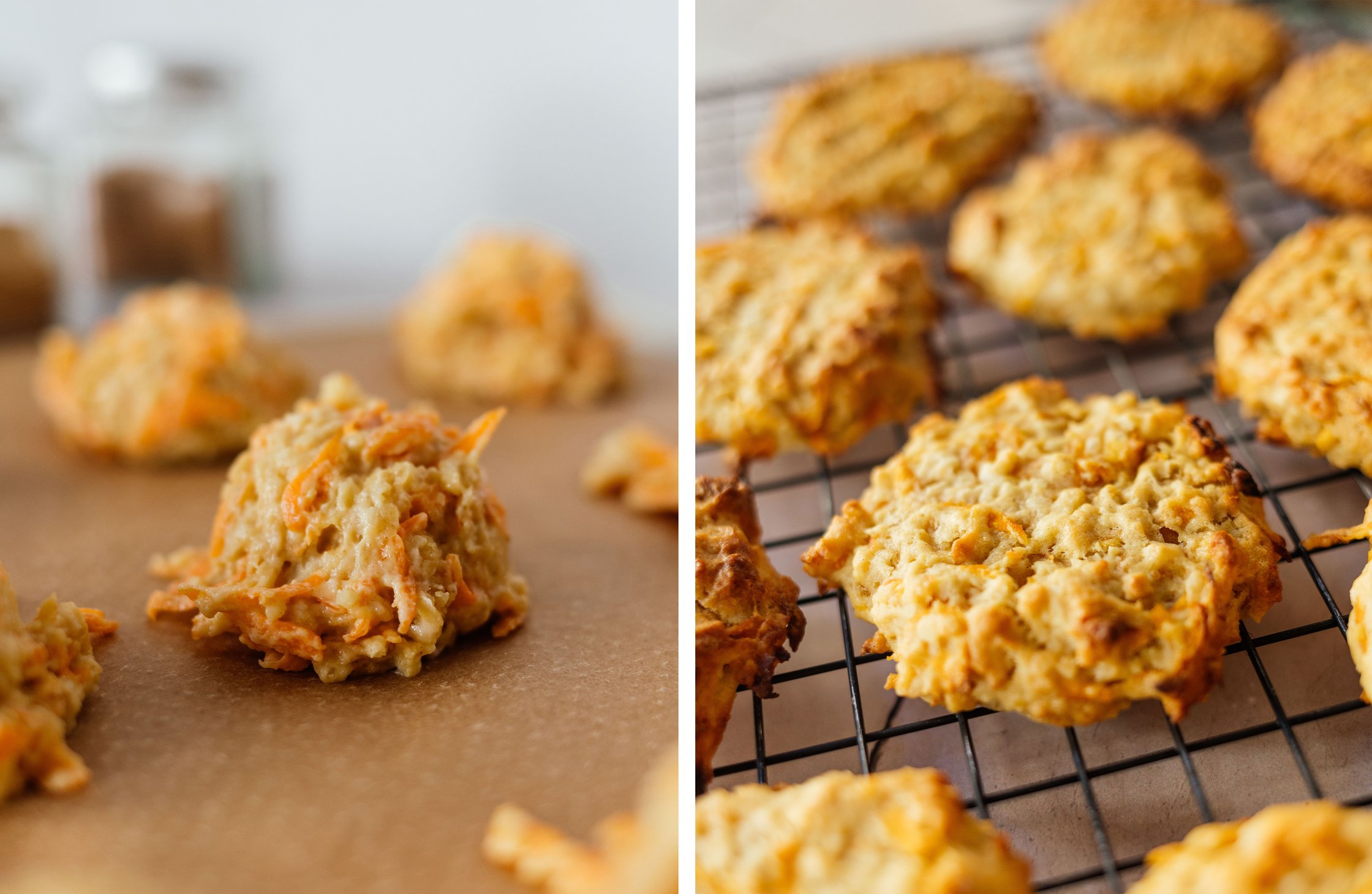 vegan carrot cake cookies before and after baking