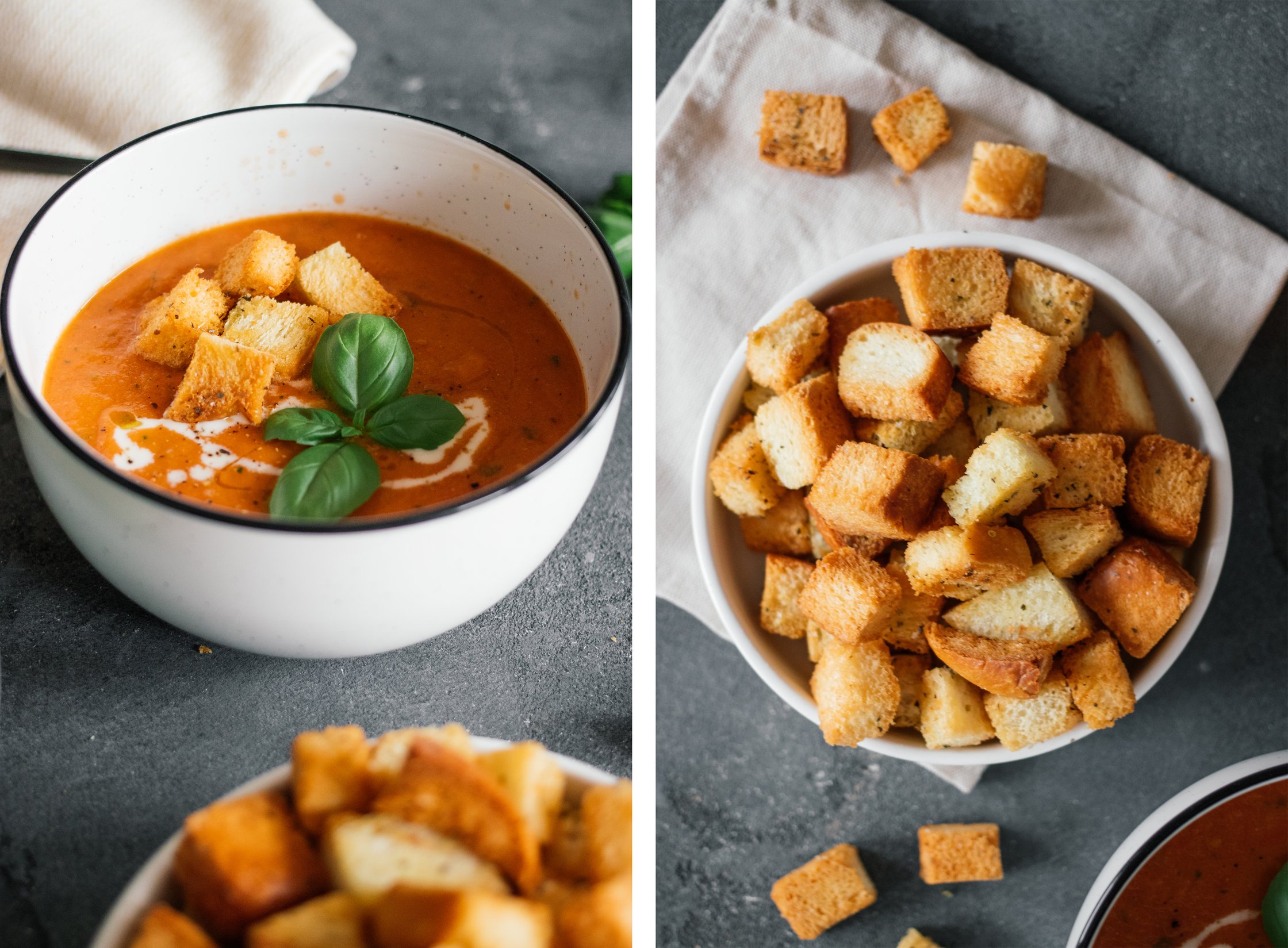 crispy homemade vegan croutons as a topping for vegan oven roasted tomato soup