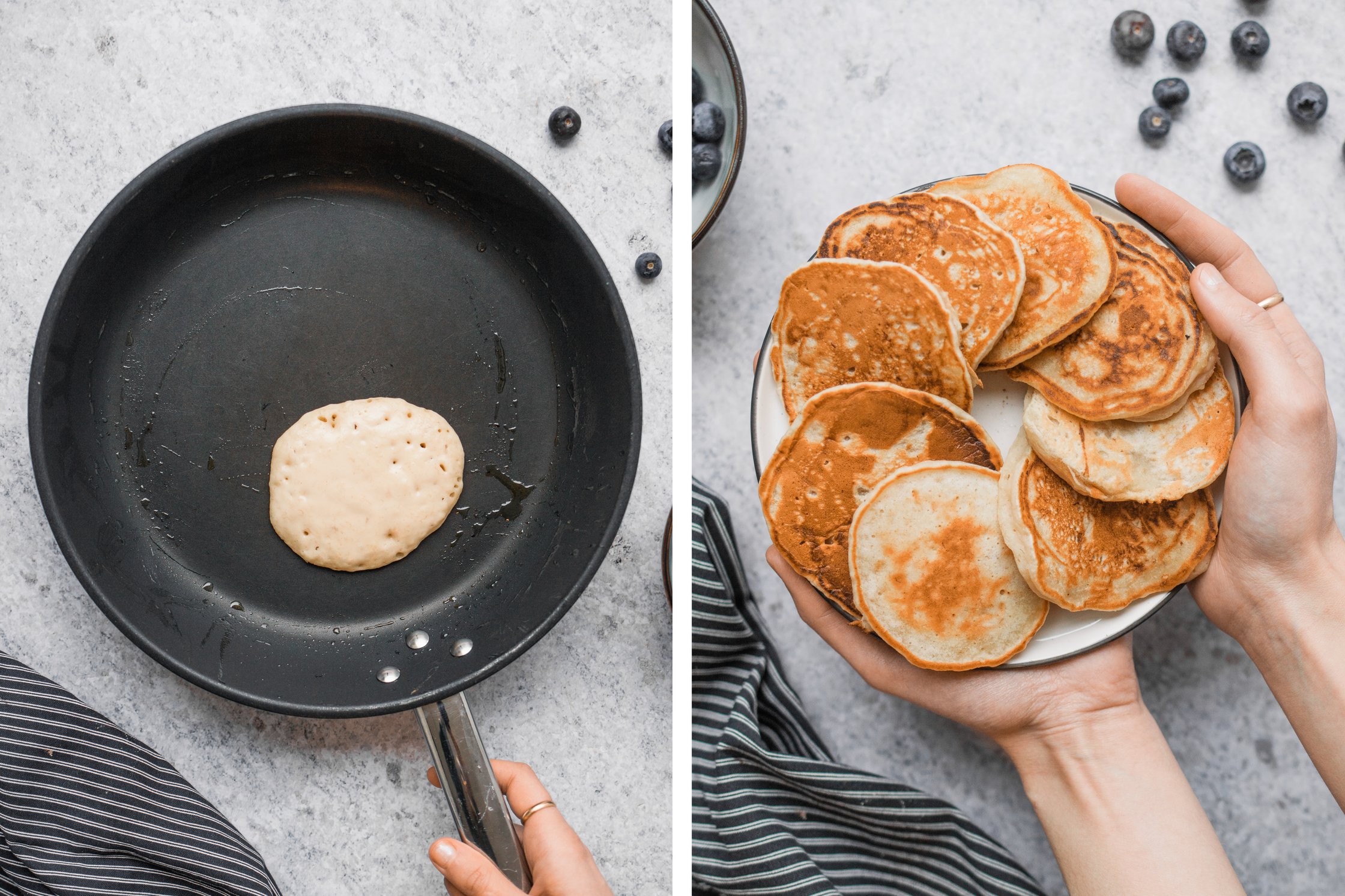 Pfanne mit Pancake, zwei hände präsentieren Teller mit darauf angeordneten, knusprig-braun gebratenen Pancakes. Im Hintergrun