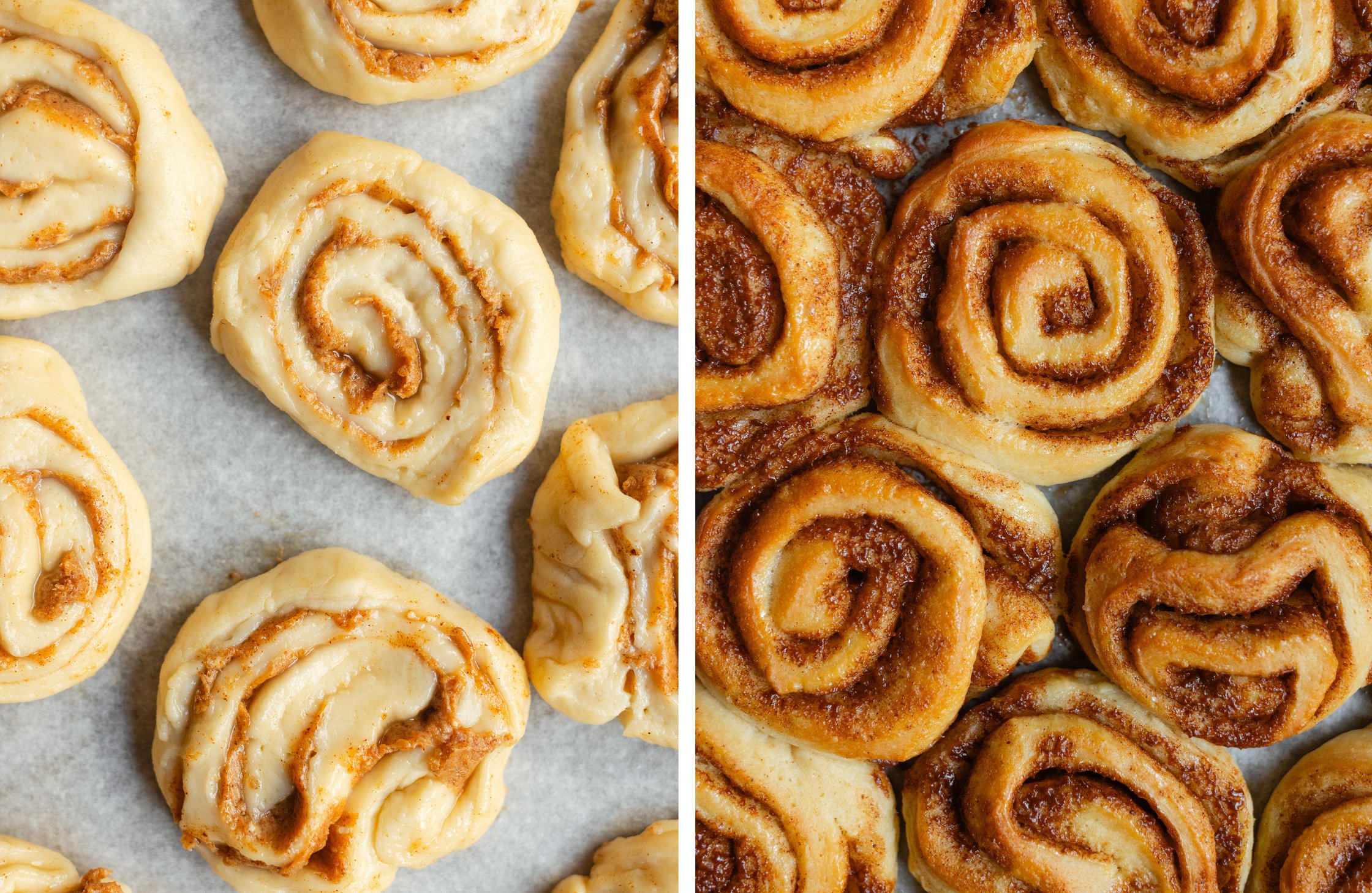 vegan cinnamon buns before and after baking