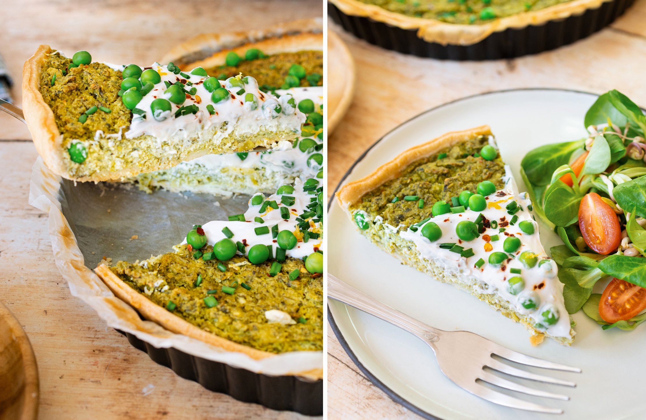 Auf der linken Seite sieht man den Anschnitt der Quiche und auf der rechten Seite ist ein Stück auf einem Teller, mit Salat s