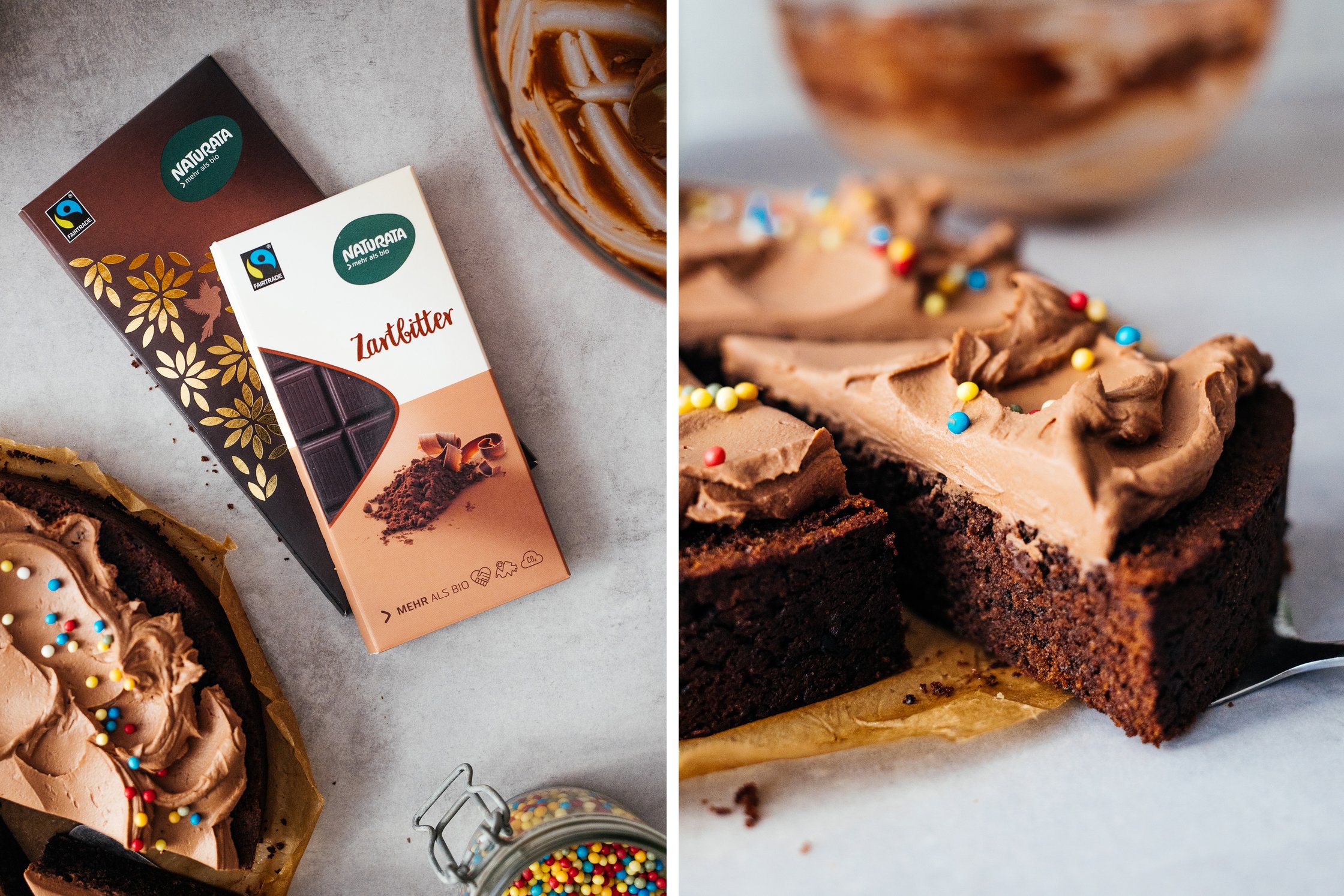 vegan chocolate cake next to chocolate bars