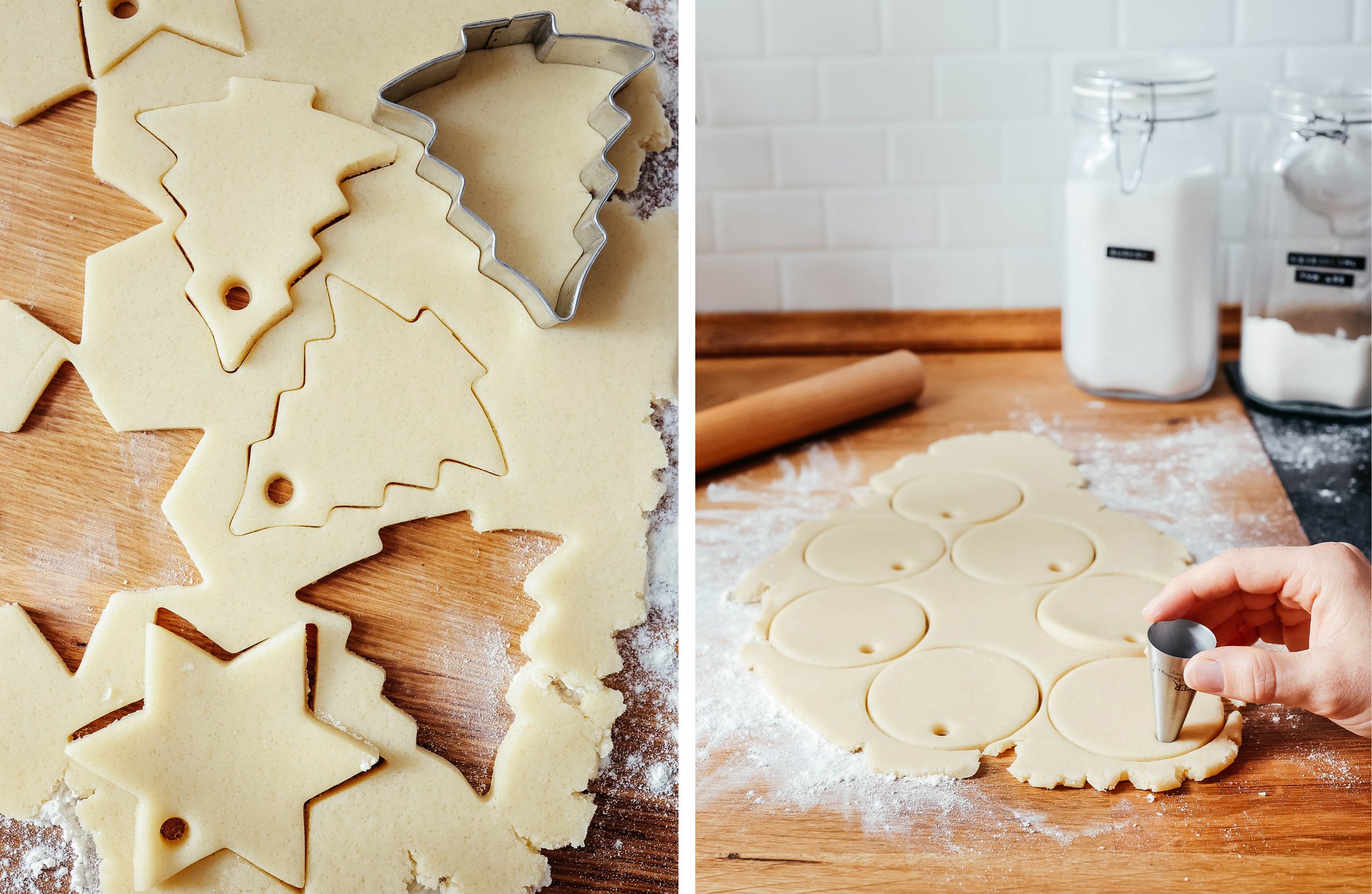 rolling out cookie dough and cutting out shapes