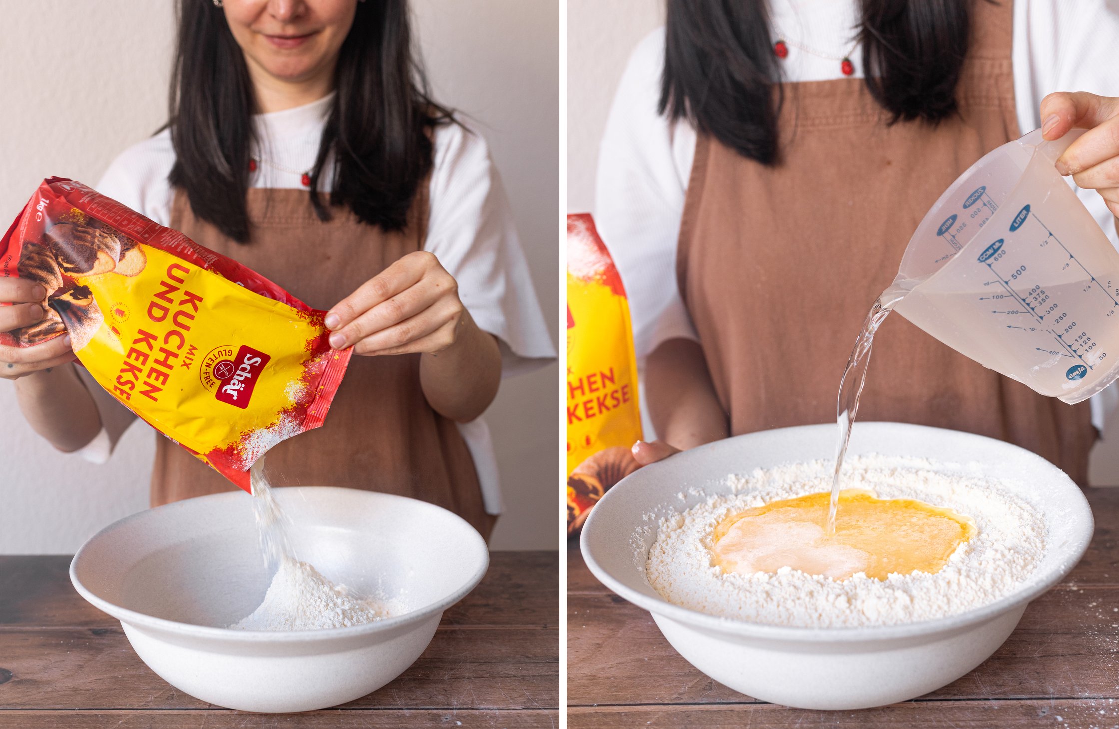 Zweigeteiltes Bild - Links: Schär glutenfreie Mehlmischung wird in eine Schüssel gekippt. Rechts: Wasser wird in die Schüssel