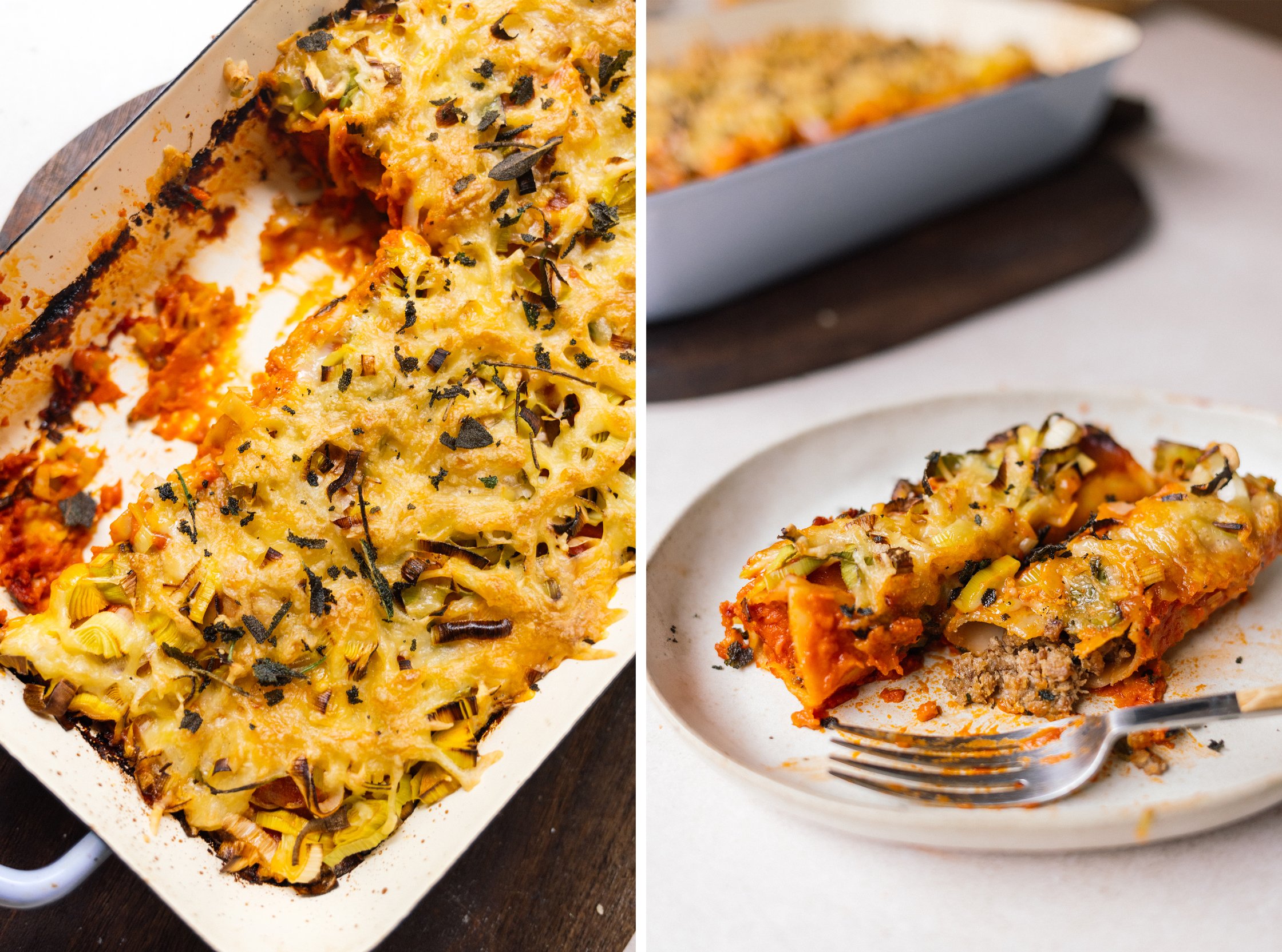 angeschnittene vegane cannelloni auf einem teller