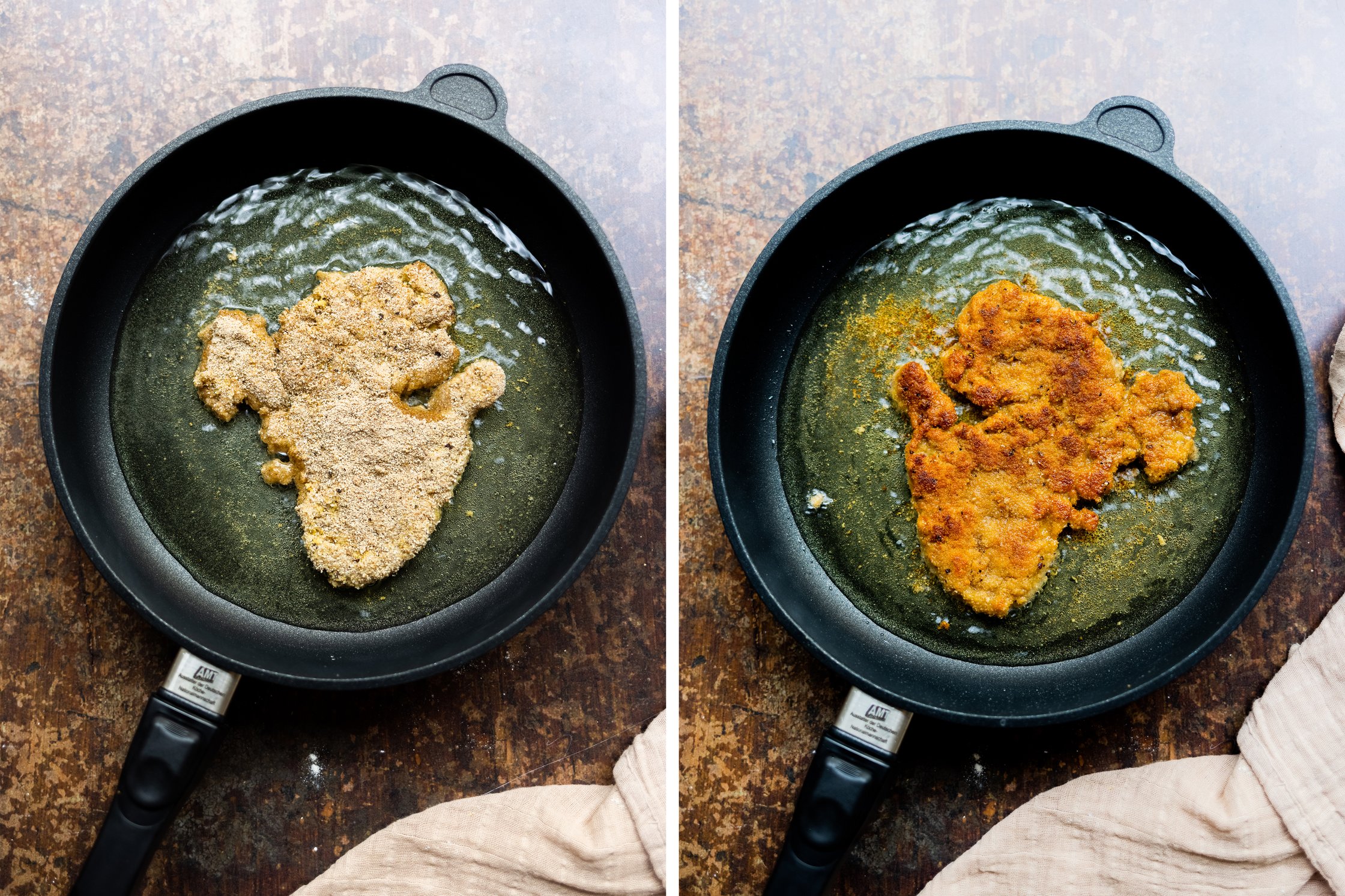 Vegane Seitan Schnitzel werden in einer Pfanne paniert