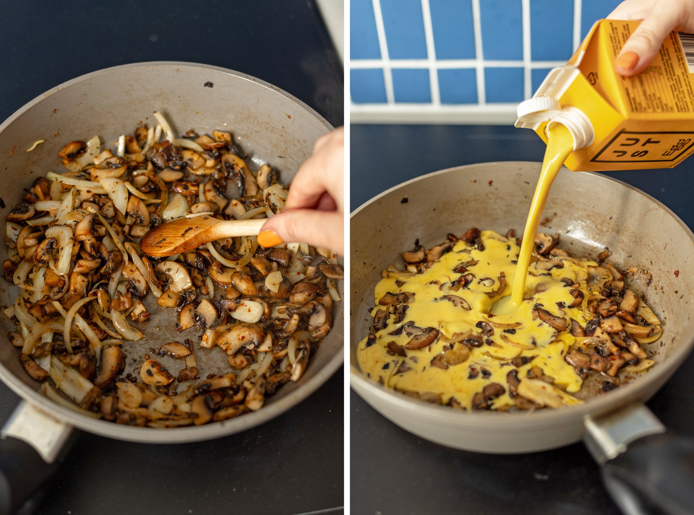 The mushrooms are done frying, and the vegan egg mixture is added to the pan.